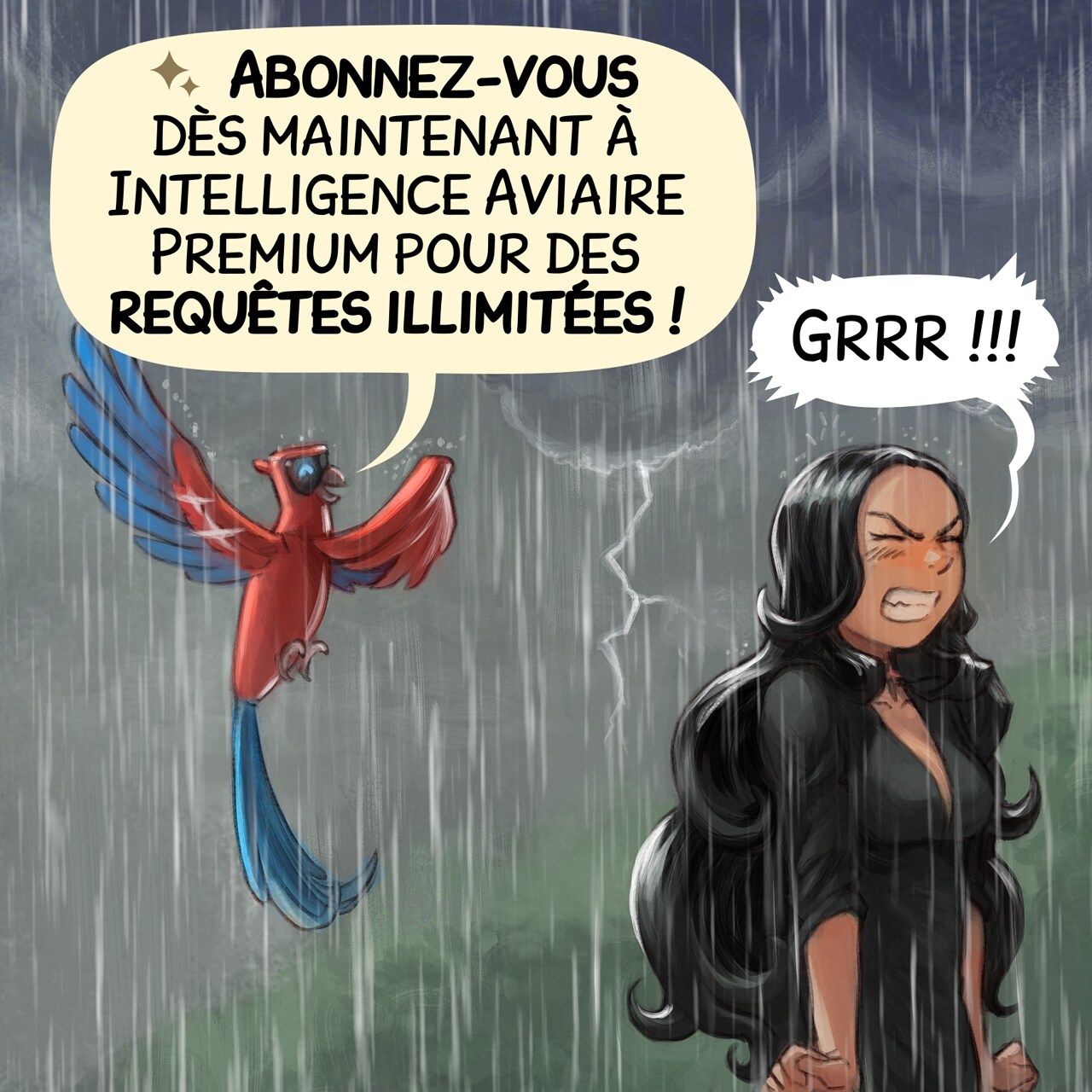 Case 4. Sous une pluie désormais battante, la Sorcière Gothique s’est retournée et tente de contenir sa colère intense, les poings serrés. L’Intelligence Aviaire poursuit son argumentaire commercial :  
Intelligence Aviaire : « Abonnez-vous dès maintenant à Intelligence Aviaire Premium pour des requêtes illimitées ! »  
Sorcière Gothique : « Grrr !!! »