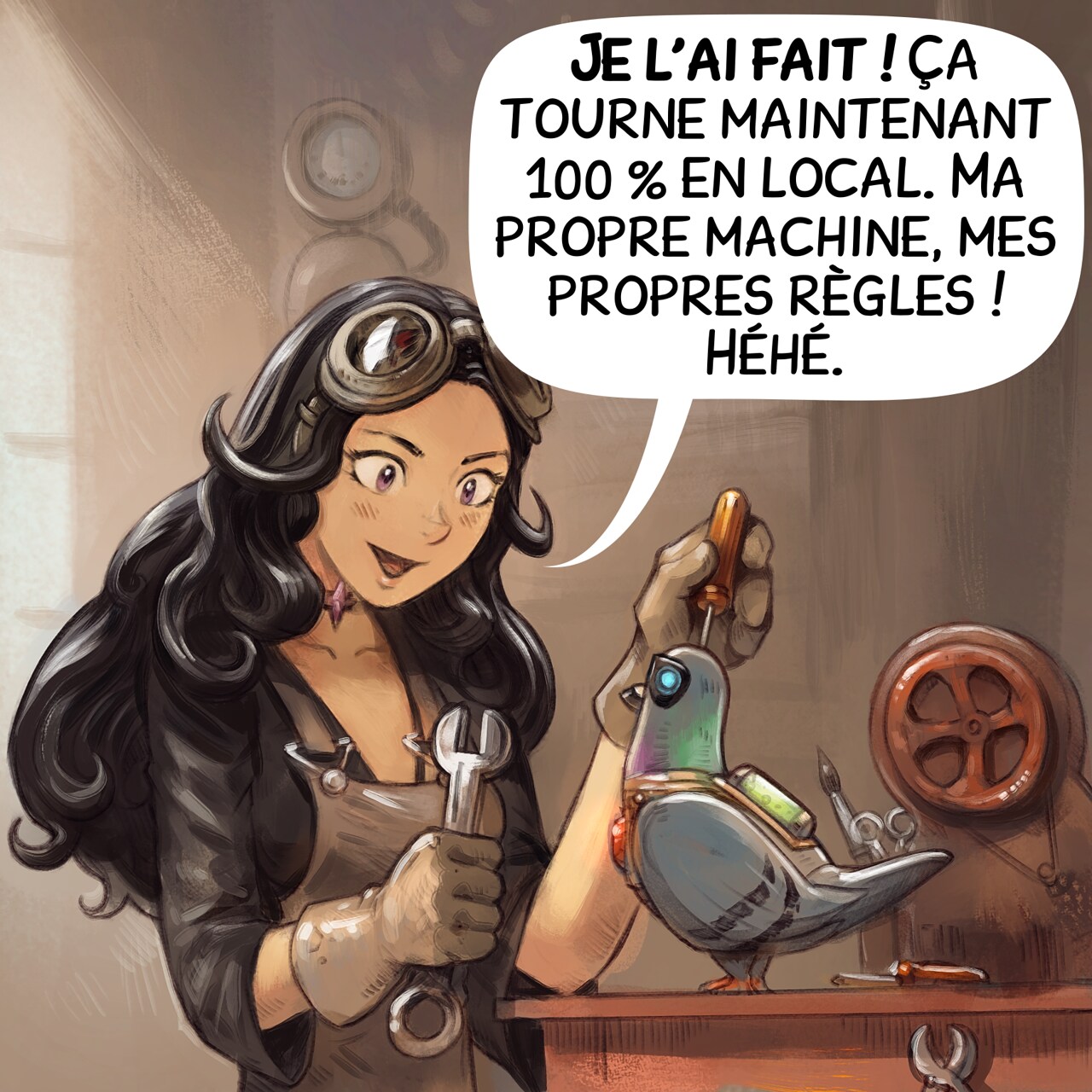 Case 1. Cepper, la sorcière gothique, est assise à son établi dans le sous-sol de l’université, portant ses vêtements emblématiques et ses lunettes sur la tête. Elle est entourée d’engrenages steampunk, de fils, de circuits et d’extraits de code écrits sur des parchemins. Elle affiche un air déterminé face à son chef-d’œuvre : sa propre IA Perroquet locale, qui ressemble à un gros pigeon.  
Cepper : « Je l’ai fait ! Ça tourne maintenant 100 % en local. Ma propre machine, mes propres règles ! Héhé. »