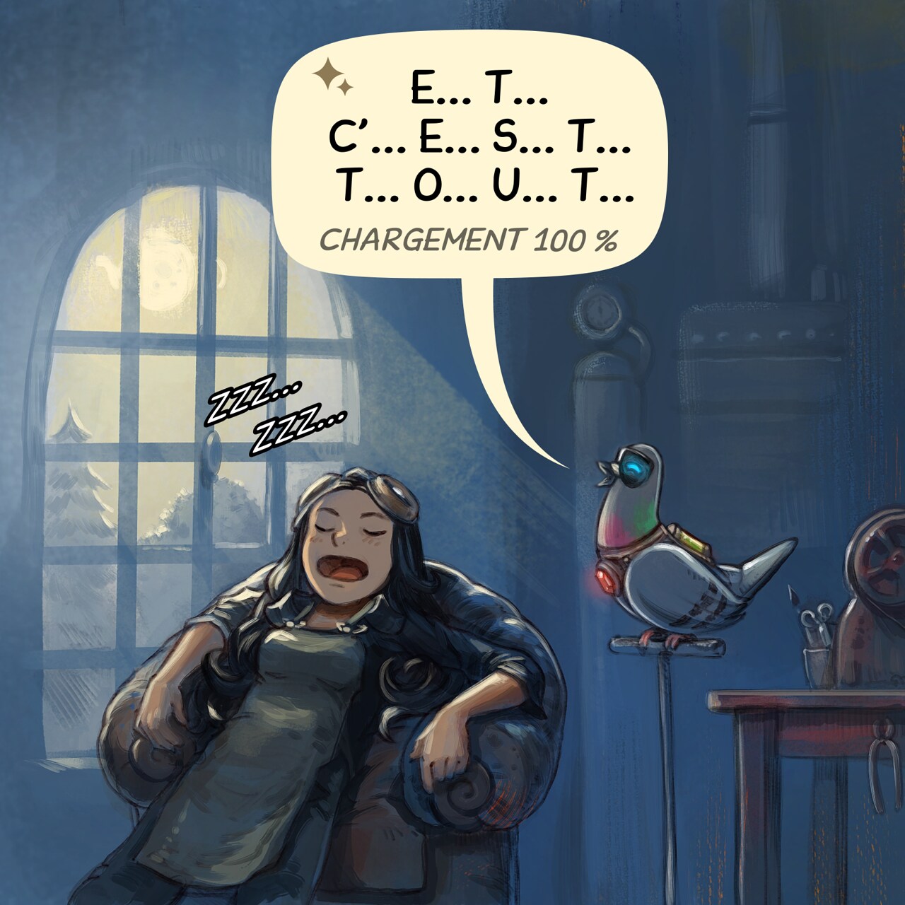 Case 4. Plan de nuit : elle dort profondément dans un grand fauteuil, tandis que l’IA Perroquet locale finit enfin de répondre.  
IA Perroquet locale : « e... t... c’... e... s... t... t... o... u... t... chargement 100 % »