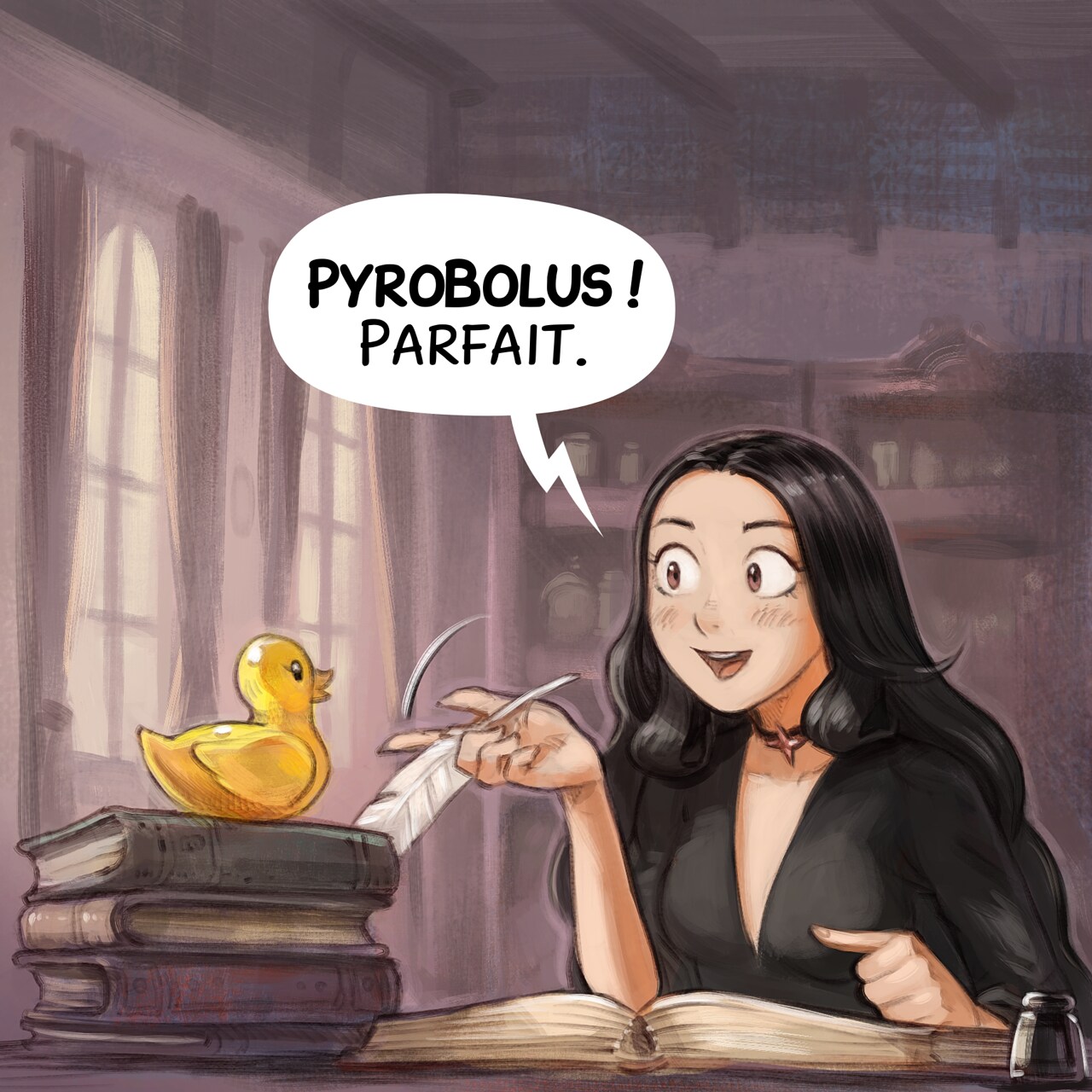 Case 2. Cepper est maintenant excitée, le canard en caoutchouc reste silencieux, regardant joyeusement le vide.
Cepper : « PyroBolus ! Parfait. »