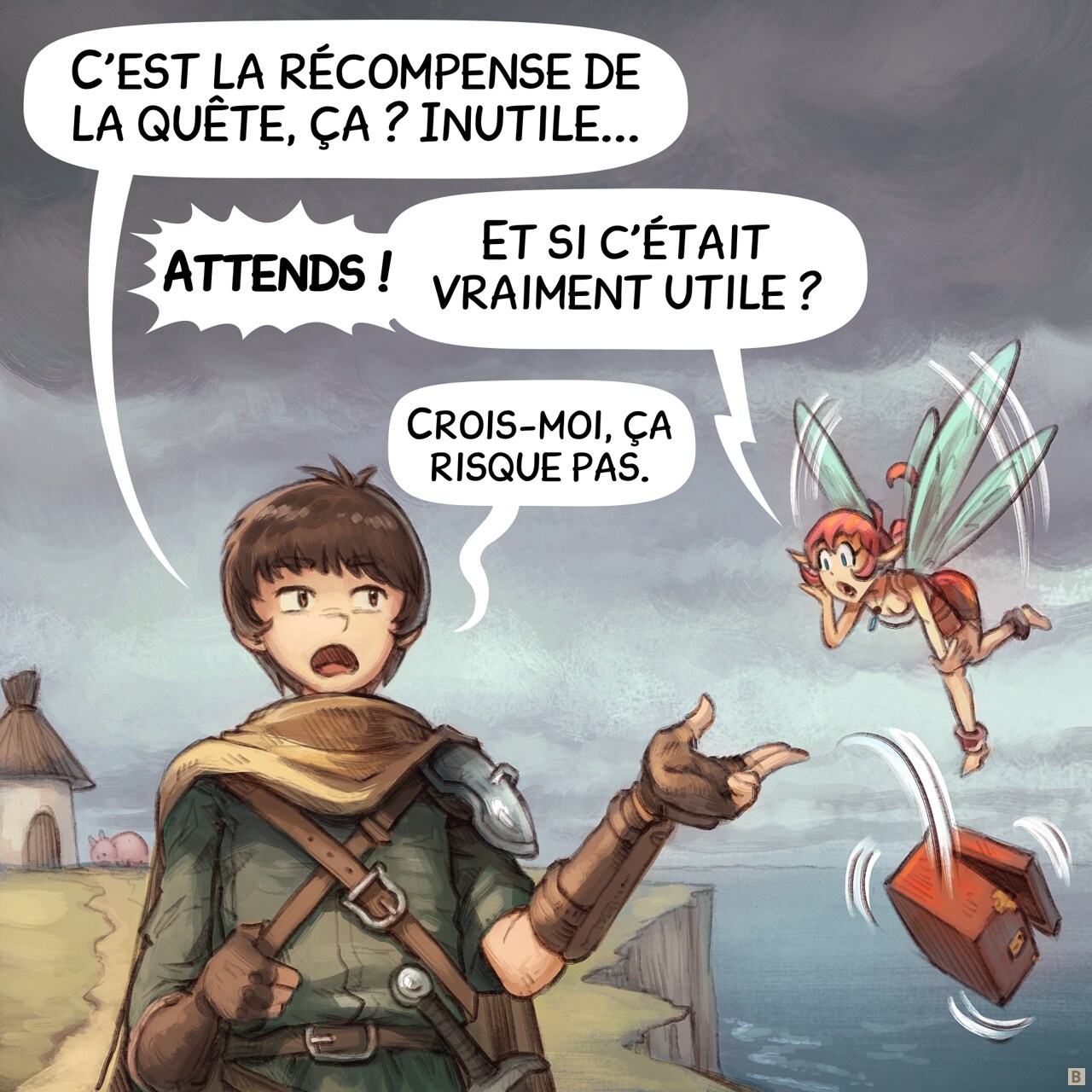 Case 2. Au loin (on voit le village en arrière-plan, près d'une falaise et de la mer), vue de face de l'aventurier qui jette la boîte à musique à la mer avec des yeux blasés. La fée rose est sous le choc !  
Aventurier : « C'est la récompense de la quête, ça ? Inutile... »  
Fée rose : « Attends ! Et si c'était vraiment utile ? »  
Aventurier (plus petit) : « Crois-moi, ça risque pas. »