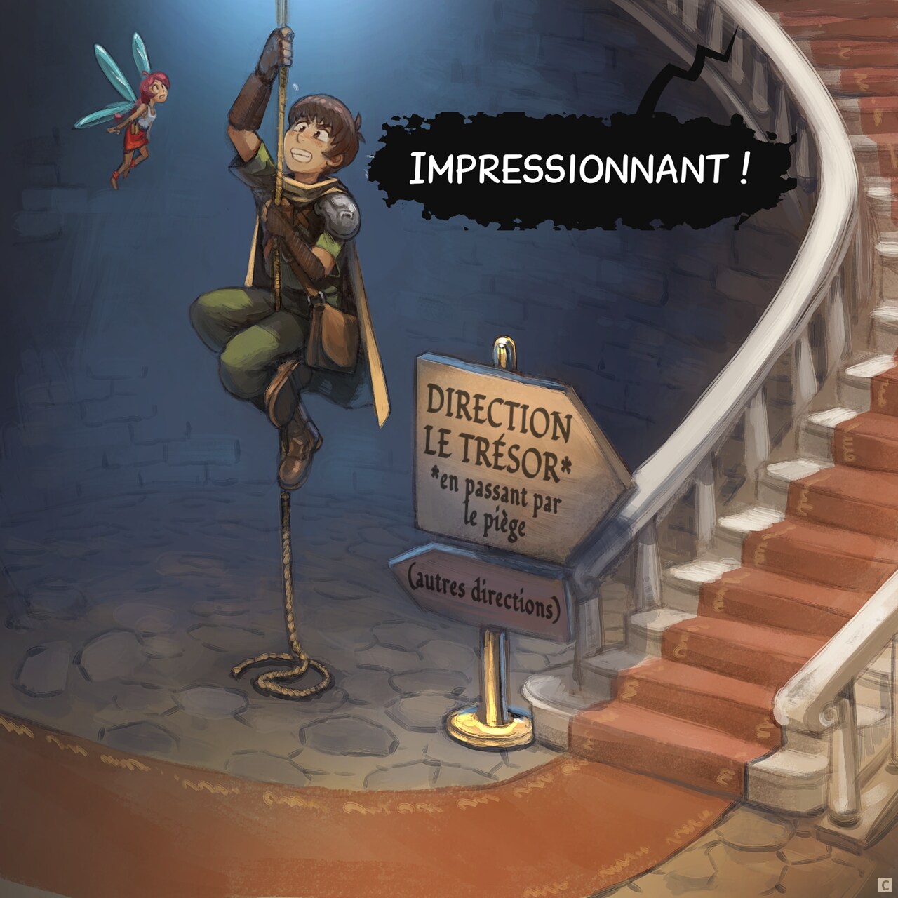 Case 3. L'aventurier grimpe maintenant avec effort sur une vieille corde au milieu d'une salle avec un bel escalier luxueux et un tapis rouge à côté. Un panneau indique "DIRECTION LE TRÉSOR en passant par le piège" en direction du bel escalier, et "(autres directions)" en petit et dans l'ombre en direction de la corde.  
Donjon : "Impressionnant !"