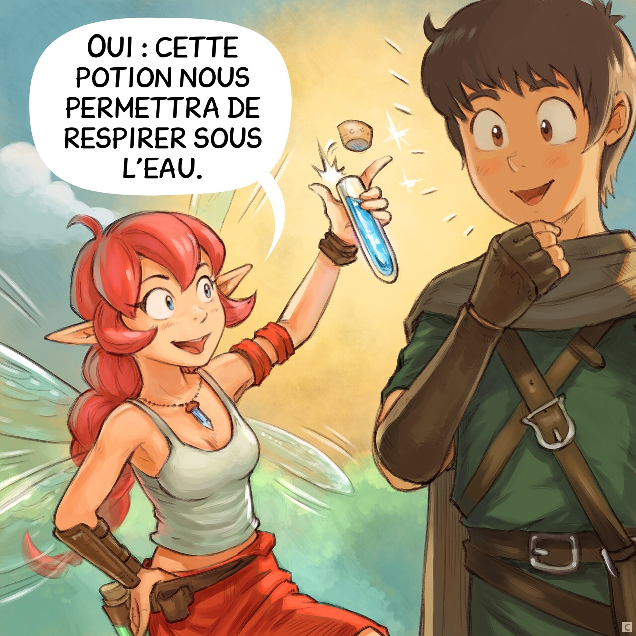 Case 3. La Fée Rose tient joyeusement une petite potion bleue qu'elle ouvre du pouce. L'Aventurier est maintenant enthousiaste à l'idée d'essayer.  
Fée Rose : « Oui : cette potion nous permettra de respirer sous l'eau. »