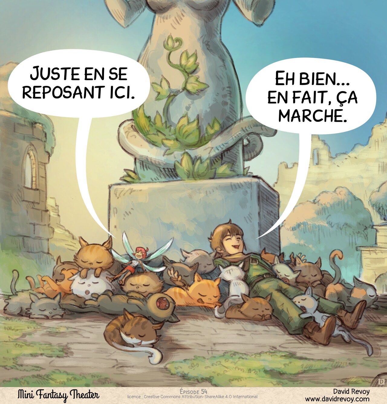 Case 4. Vue d'ensemble. L'aventurier et la fée sont maintenant allongés au milieu de nombreux chats, les câlinant et dormant avec de grands sourires.
Fée Rose : "Juste en se reposant ici."
Aventurier : "Eh bien... en fait, ça marche."