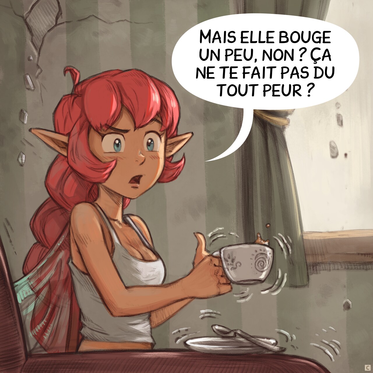Case 3. Plan rapproché de la Fée Rose, un peu nerveuse et sceptique. Sa tasse de thé tremble et en renverse un peu.  
Fée Rose : « Mais elle bouge un peu, non ? Ça ne te fait pas du tout peur ? »