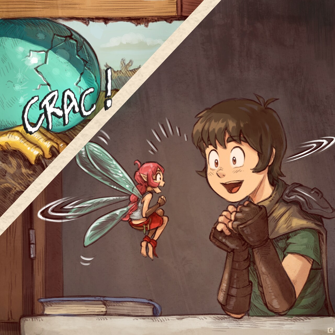 Case 3. Soudain, un craquement vient d'en bas, et l'Aventurier et la Fée Rose se réjouissent et se regardent.  
Effet sonore : « Crac ! »