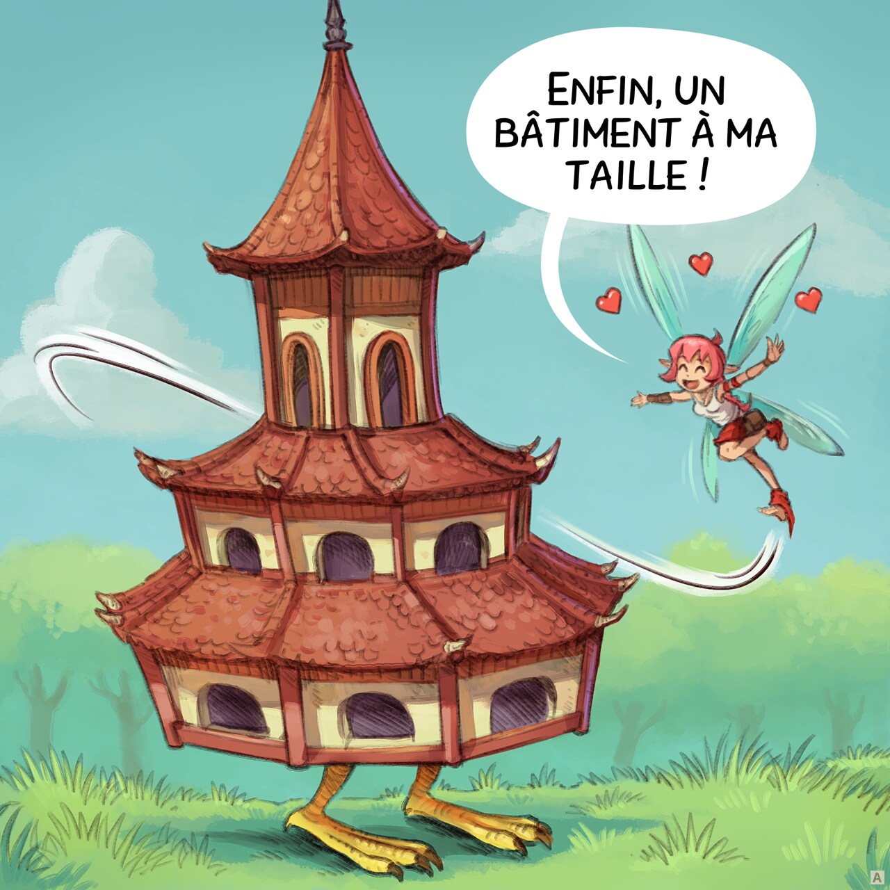 Case 1. La Fée Rose est ravie et vole avec un grand sourire autour de la petite pagode sur ses pattes de poulet.   
Fée Rose : "Enfin, un bâtiment à ma taille !"
