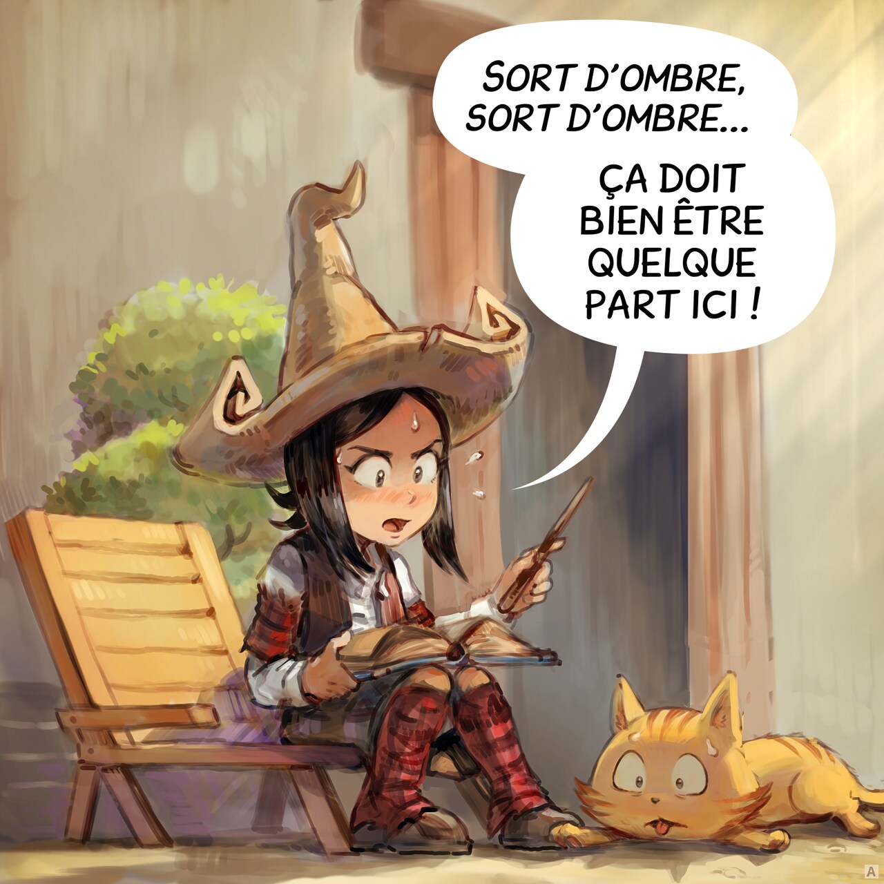 Case 1. Pepper, par temps chaud, étudie ses livres de magie dehors sur sa petite terrasse. Carrot a chaud, lui aussi.  
Pepper : « Sort d'ombre, sort d'ombre... ça doit bien être quelque part ici ! »