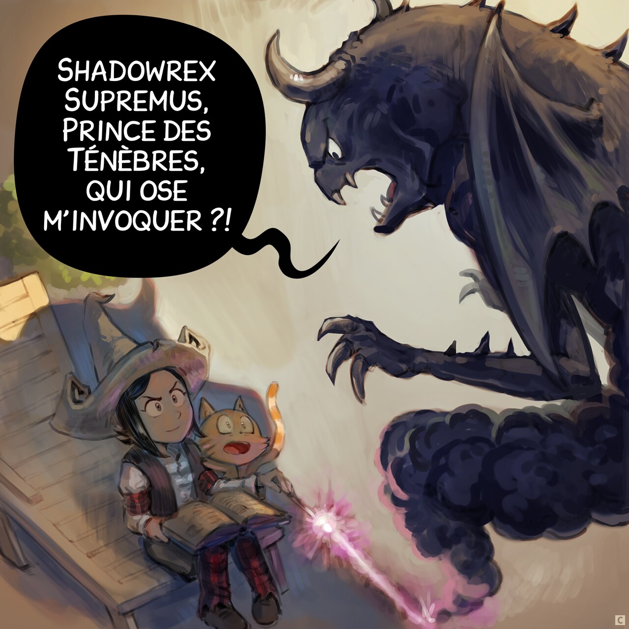 Case 3. Un monstre sombre apparaît devant Pepper. Elle sourit, et Carrot est terrifié.  
Shadowrex Supremus : « Shadowrex Supremus, Prince des Ténèbres, qui ose m'invoquer ?! »
