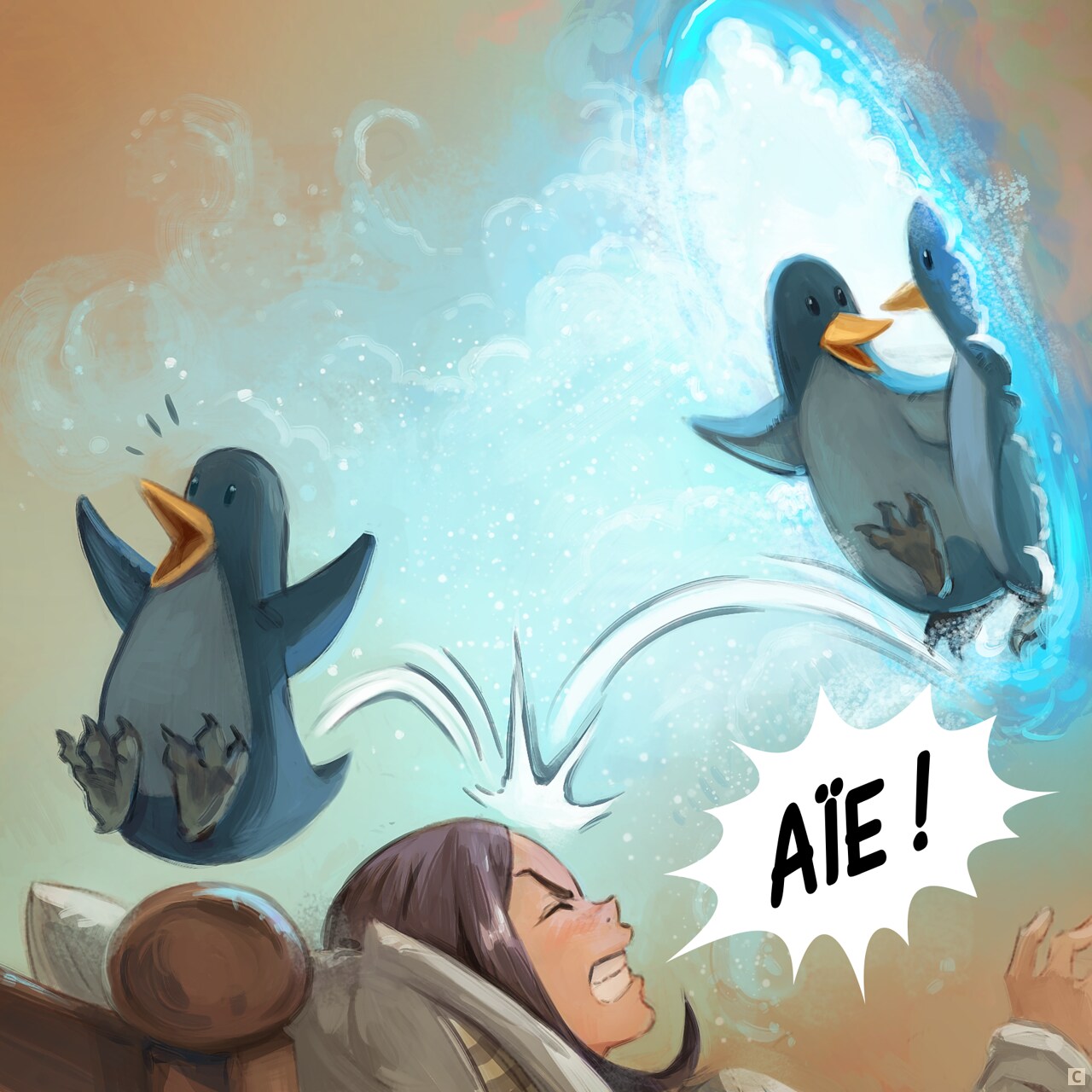 Case 3. Gros plan : des pingouins commencent à sortir du portail, rebondissant sur le visage de Pepper.
Pepper : « Aïe ! »