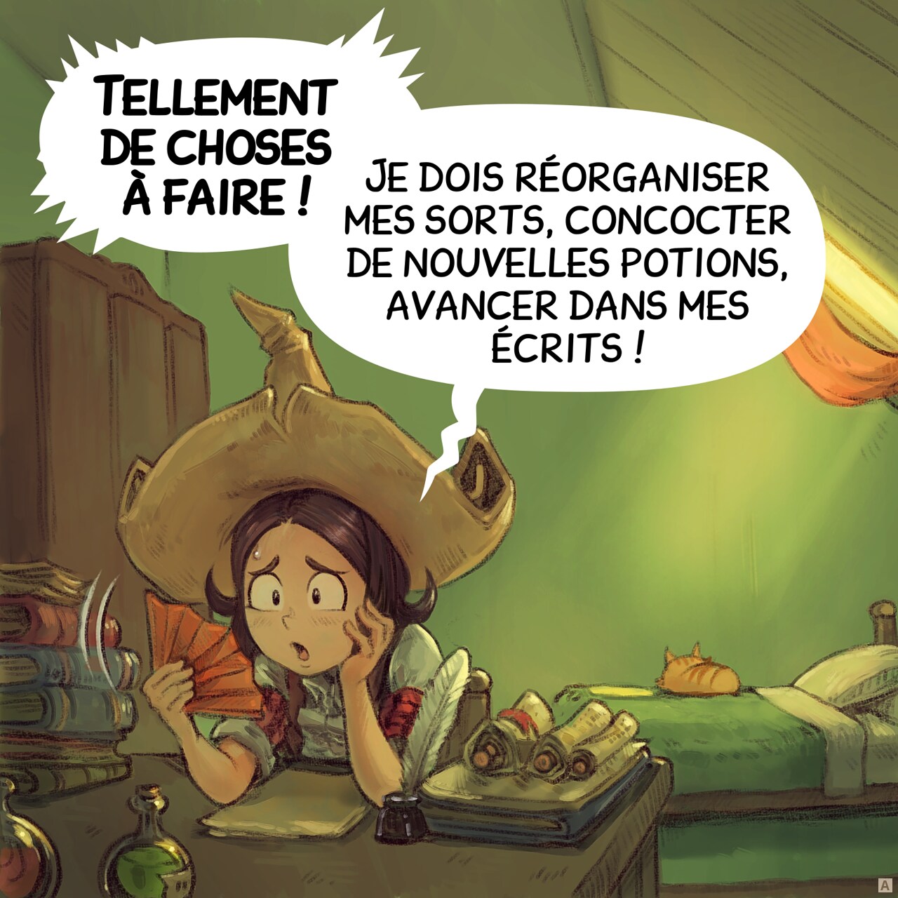 Case 1. Pepper agite un éventail sur son visage : elle est rouge et en sueur. Sa chambre est chaude, les volets sont fermés. Carrot dort sur le lit en arrière-plan, mais Pepper est trop occupée avec des objets sur son bureau pour le remarquer.  
Pepper : « Tellement de choses à faire ! Je dois réorganiser mes sorts, concocter de nouvelles potions, avancer dans mes écrits ! »
