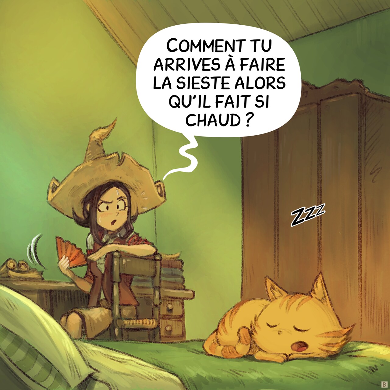 Case 2. Pepper se retourne et aperçoit Carrot en train de faire une sieste.  
Carrot : « Zzz »  
Pepper : « Comment tu arrives à faire la sieste alors qu'il fait si chaud ? »
