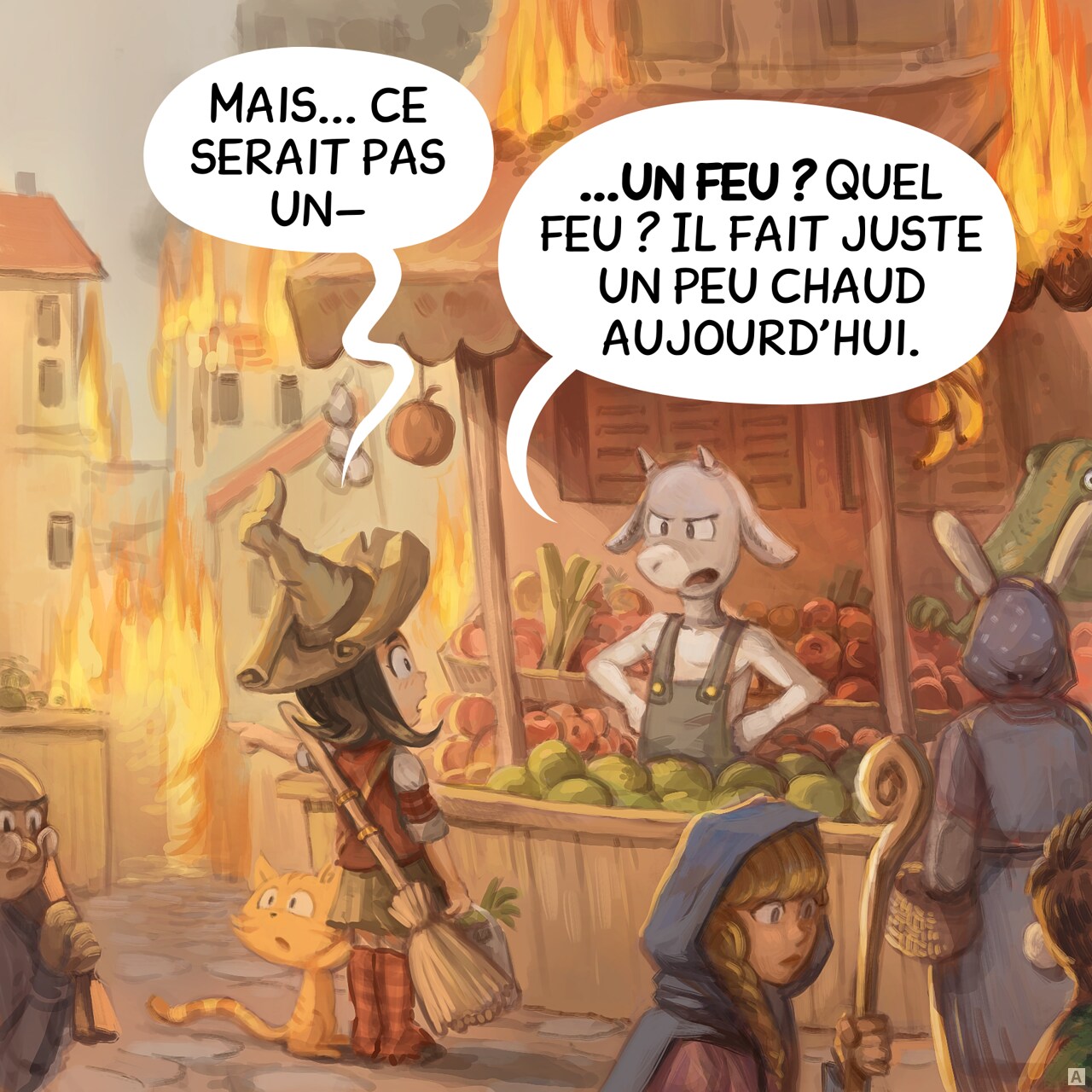 Case 1. Pepper et Carrot, une jeune sorcière avec son chat, achètent des légumes au marché, avec son balai dans le dos. La ville est à moitié en flammes, pourtant c'est toujours jour de marché et il y a du monde partout. Le vendeur, un homme-chèvre, lui répond.  
Pepper : "Mais... ce serait pas un—"  
Vendeur : "—un feu ? Quel feu ? Il fait juste un peu chaud aujourd'hui."