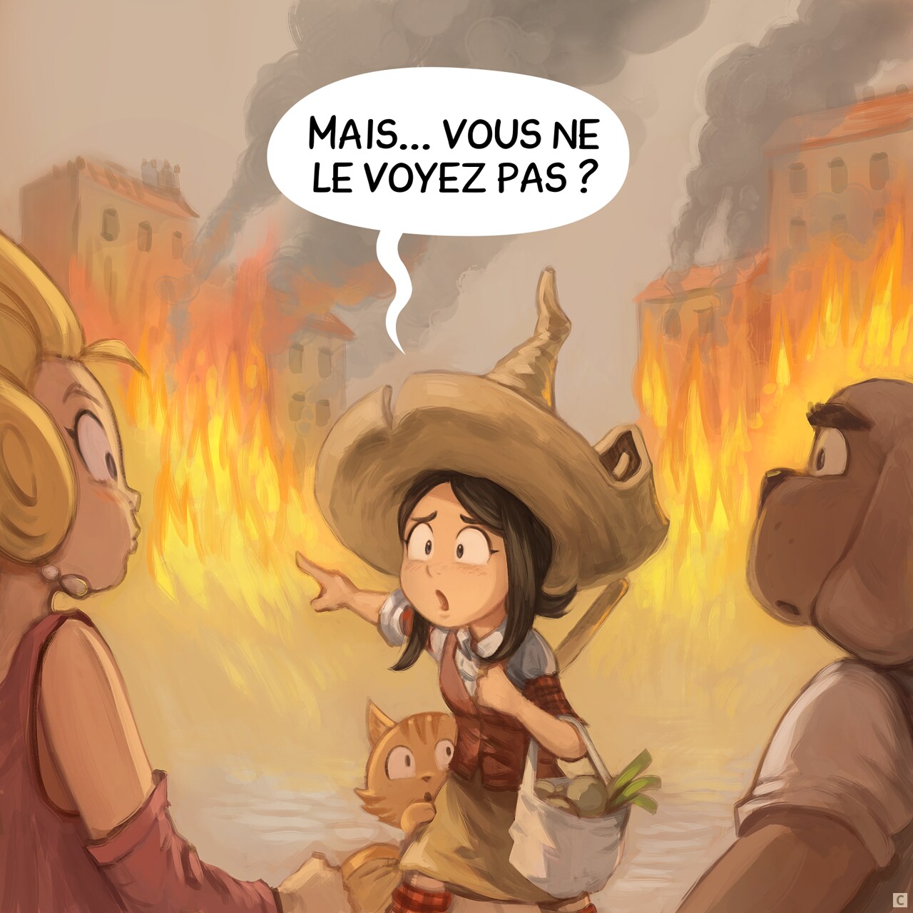 Case 3. Pepper montre le feu en arrière-plan, à la surprise de la dame et de l'homme.  
Pepper : "Mais... vous ne le voyez pas ?"