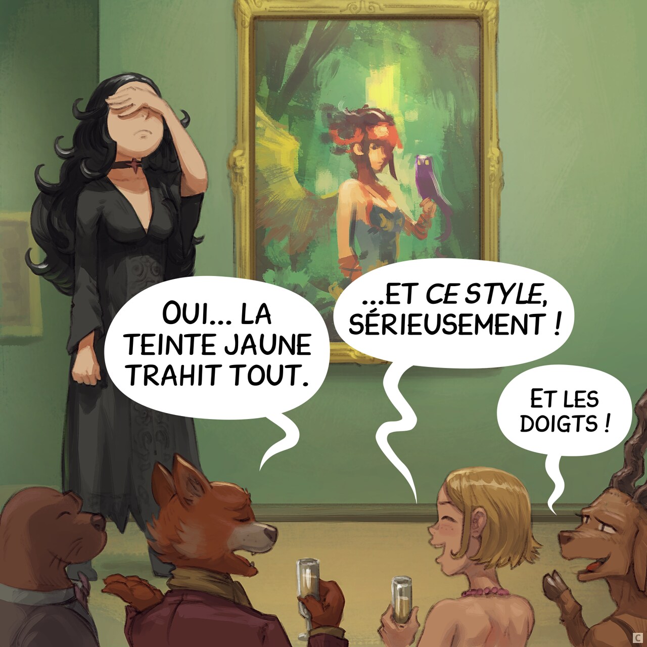 Case 3. Cepper se prend la tête en entendant le public essayer de justifier ses observations.  
Public : "Oui... la teinte jaune trahit tout."  
Public : "...et ce style, sérieusement !"  
Public (plus petit) : "Et les doigts !"