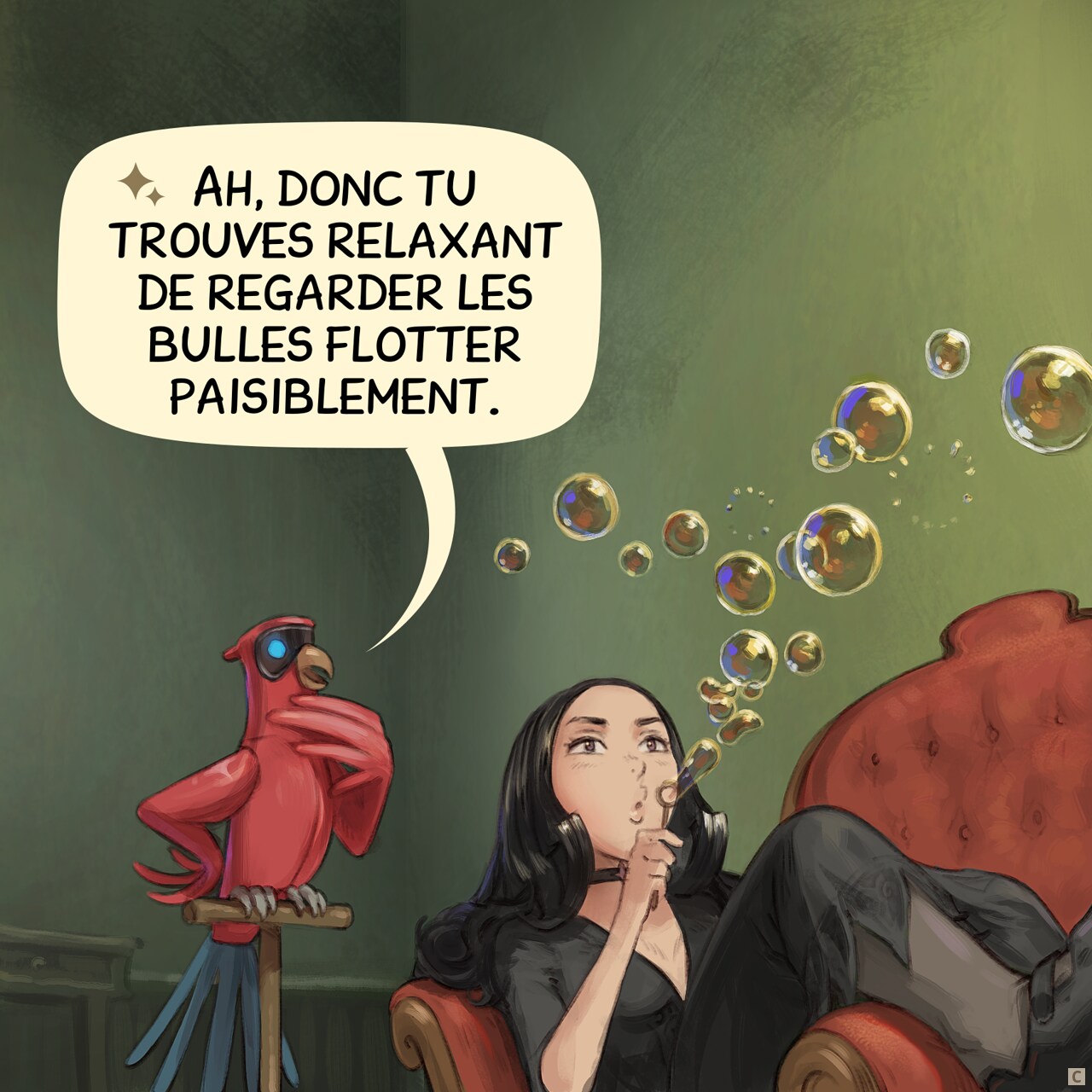 Case 3. Cepper souffle un nouveau flot de bulles tandis que le perroquet IA essaie très fort de comprendre cette activité humaine.  
Perroquet IA : Ah, donc tu trouves relaxant de regarder les bulles flotter paisiblement.