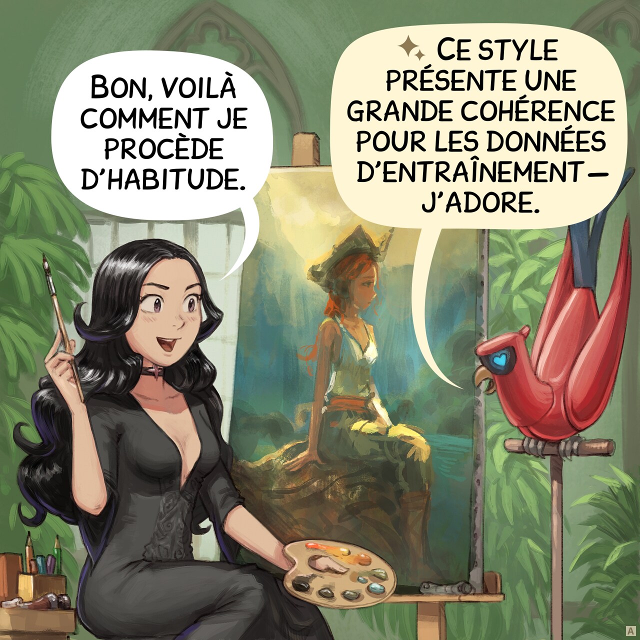 Case 1. Cepper est fière d’elle devant sa grande toile : une magnifique peinture comme dans les épisodes précédents. Le perroquet observe ce qu’elle fait depuis son perchoir.  
Cepper : « Bon, voilà comment je procède d’habitude. »  
Perroquet : « Ce style présente une grande cohérence pour les données d’entraînement − j’adore. »