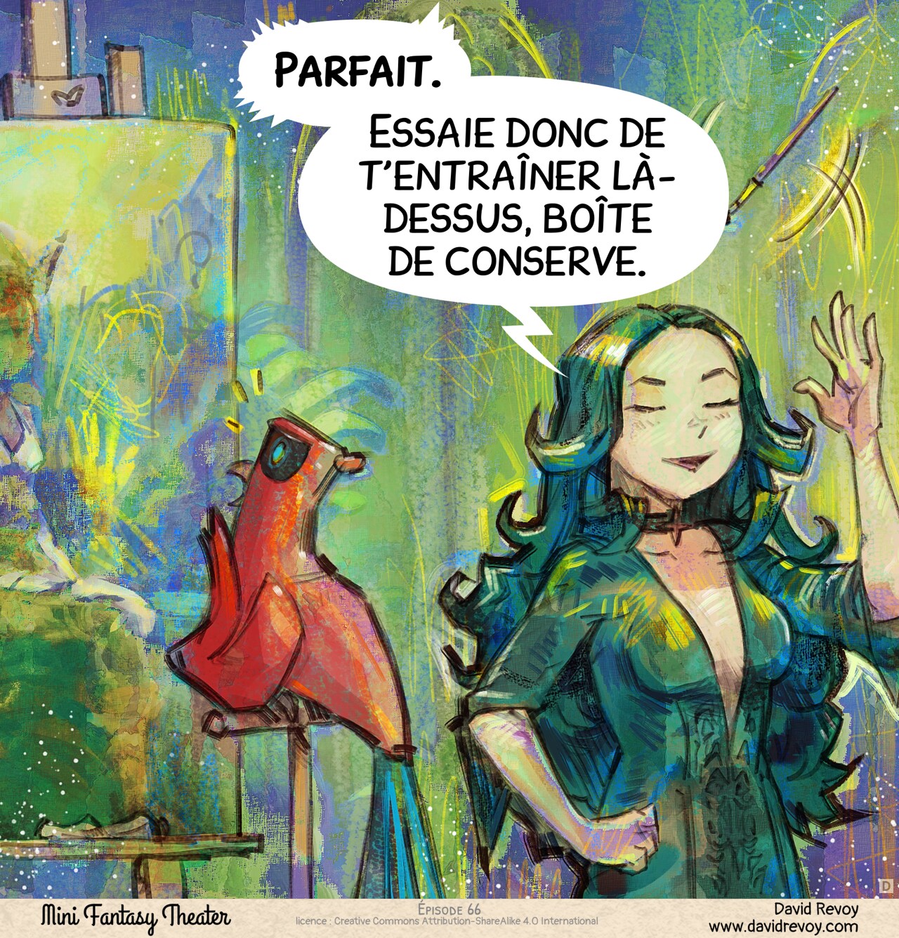 Case 4. Le style est complètement dégradé : formes, couleurs, artefacts. Cepper s’éloigne de la toile triomphalement en jetant son pinceau, tandis que le perroquet est désormais vraiment horrifié devant celle-ci.  
Cepper : « Parfait. Essaie donc de t’entraîner là-dessus, boîte de conserve. »