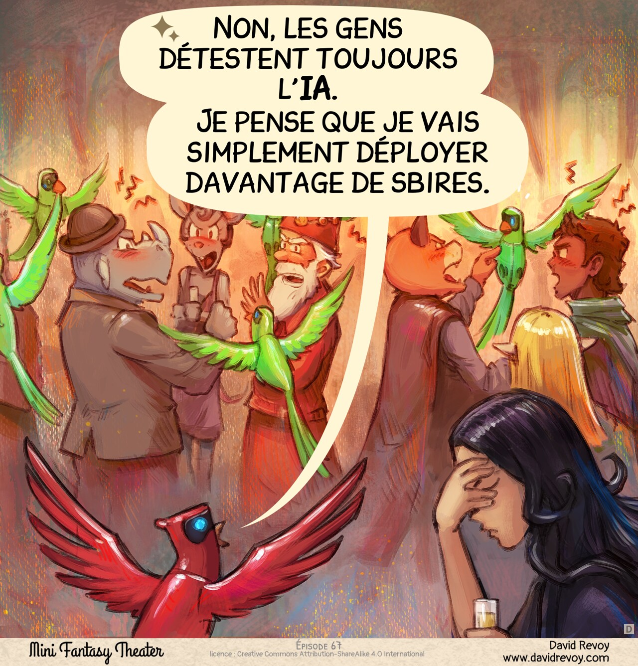 Case 4. Dans un plan similaire, la foule est maintenant furieuse et hurle contre les sbires. Le perroquet reste optimiste tandis que Cepper se facepalme.  
Perroquet : « Non, les gens détestent toujours l’IA. Je pense que je vais simplement déployer davantage de sbires. »
