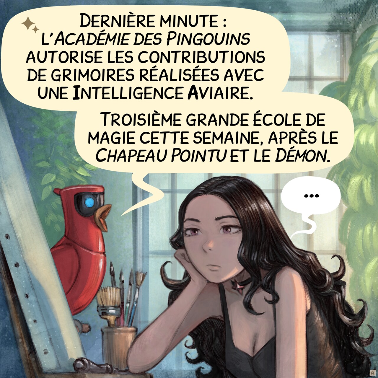 Case 1. Cepper, la sorcière gothique, se tient sur sa chaise haute, dans son atelier de peinture, avec une toile vierge devant elle sur le chevalet. Son expression est vide, elle fixe le néant. Sur son perchoir tout proche, son perroquet doté d’une Intelligence Aviaire (IA) annonce une notification à voix haute.  
Perroquet : « Dernière minute : l’*Académie des Pingouins* autorise les contributions de grimoires réalisées avec une Intelligence Aviaire. »  
Perroquet : « Troisième grande école de magie cette semaine, après le *Chapeau Pointu* et le *Démon*. »  
Cepper : « … »