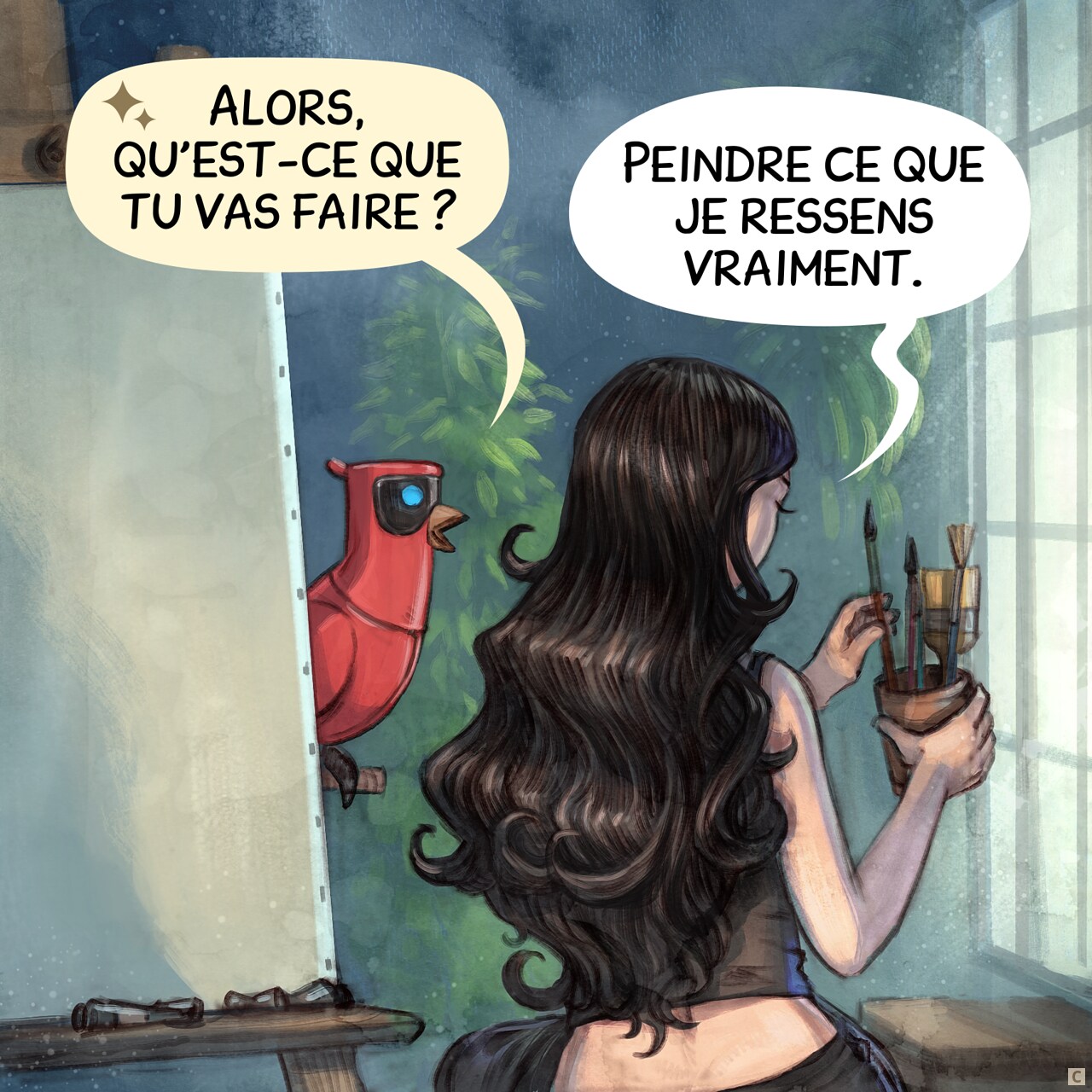 Case 3. Vue d’ensemble de l’atelier : le perroquet réfléchit tandis que Cepper prend lentement un pinceau dans un pot à côté de la toile.  
Perroquet : « Alors, qu’est-ce que tu vas faire ? »  
Cepper : « Peindre ce que je ressens vraiment. »