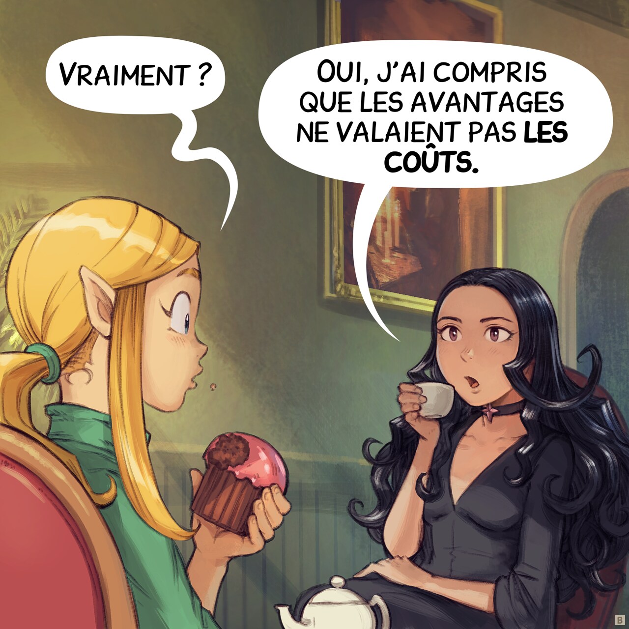 Case 2. Amall est maintenant intriguée, tandis que Cepper s'explique, une tasse de thé à la main.  
Amall : « Vraiment ? »  
Cepper : « Oui, j'ai compris que les avantages ne valaient pas les coûts. »
