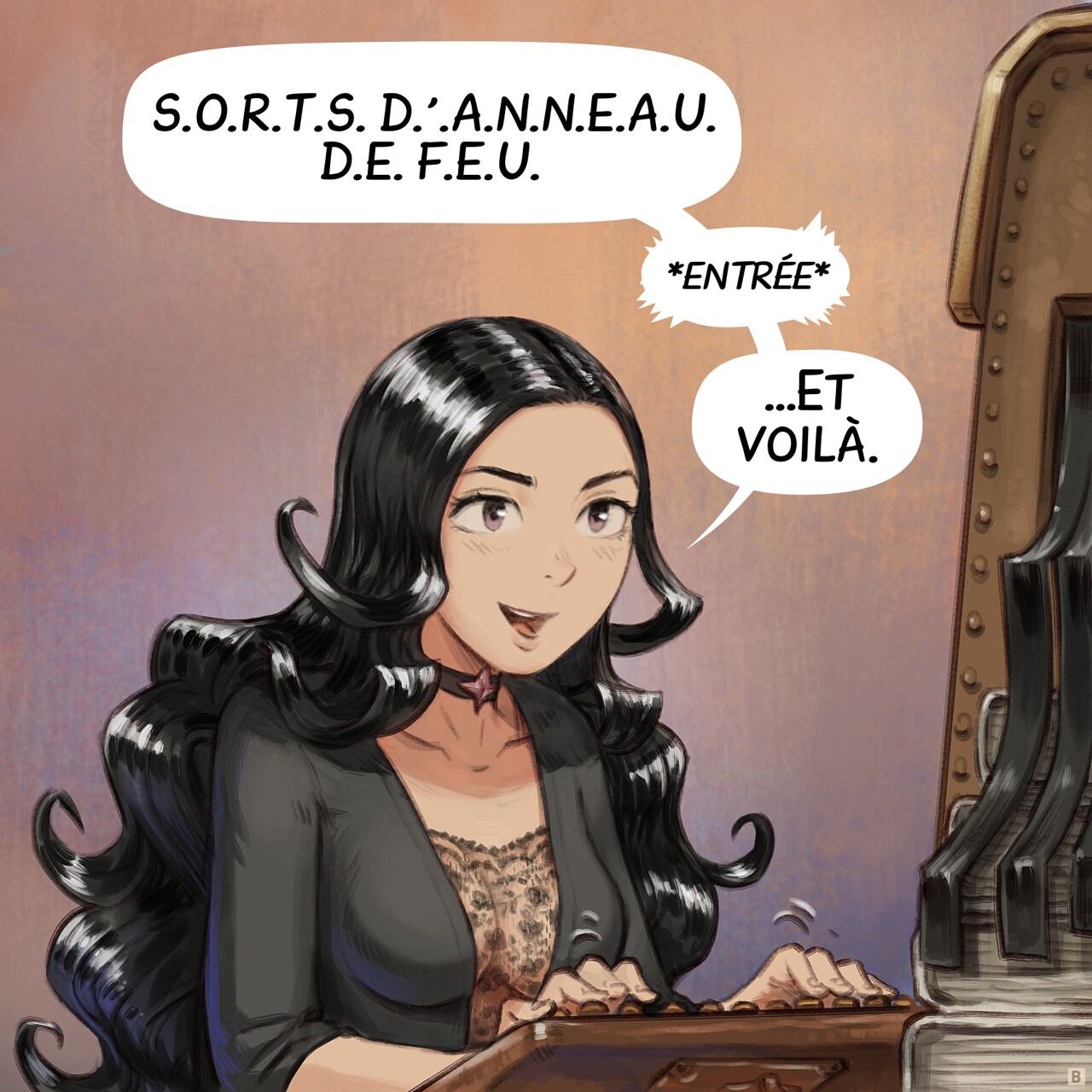 Case 2. Gros plan sur Cepper qui tape sur le clavier de machine à écrire en regardant l’écran.  
Cepper : « S.O.R.T.S. D.'.A.N.N.E.A.U. D.E. F.E.U.  *entrée* »  
Cepper : « …Et voilà. »