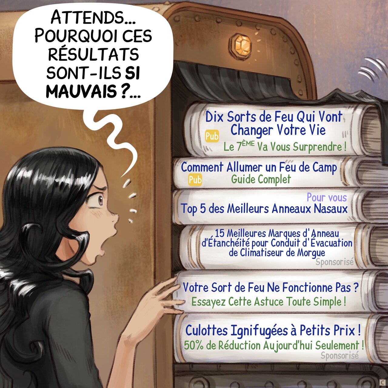 Case 3. La machine recrache des dizaines de parchemins et de livres. Cepper les lit.  
Cepper : « Attends… Pourquoi ces résultats sont-ils si mauvais ?… »  
Livre 1 : « (Pub) Dix Sorts de Feu Qui Vont Changer Votre Vie (Le 7ème Va Vous Surprendre !) »  
Livre 2 : « (Sponsorisé) 15 Meilleures Marques d'Anneau d’Étanchéité pour Conduit d'Évacuation de Climatiseur de Morgue »  
Livre 3 : « (Pour vous) Top 5 des Meilleurs Anneaux Nasaux »  
Livre 4 : « (Pub) Comment Allumer un Feu de Camp : Guide Complet »  
Livre 5 : « Votre Sort de Feu Ne Fonctionne Pas ? (Essayez Cette Astuce Toute Simple !) »  
Livre 6 : « (Sponsorisé) Culottes Ignifugées à Petits Prix ! (50% de Réduction Aujourd’hui Seulement !) »