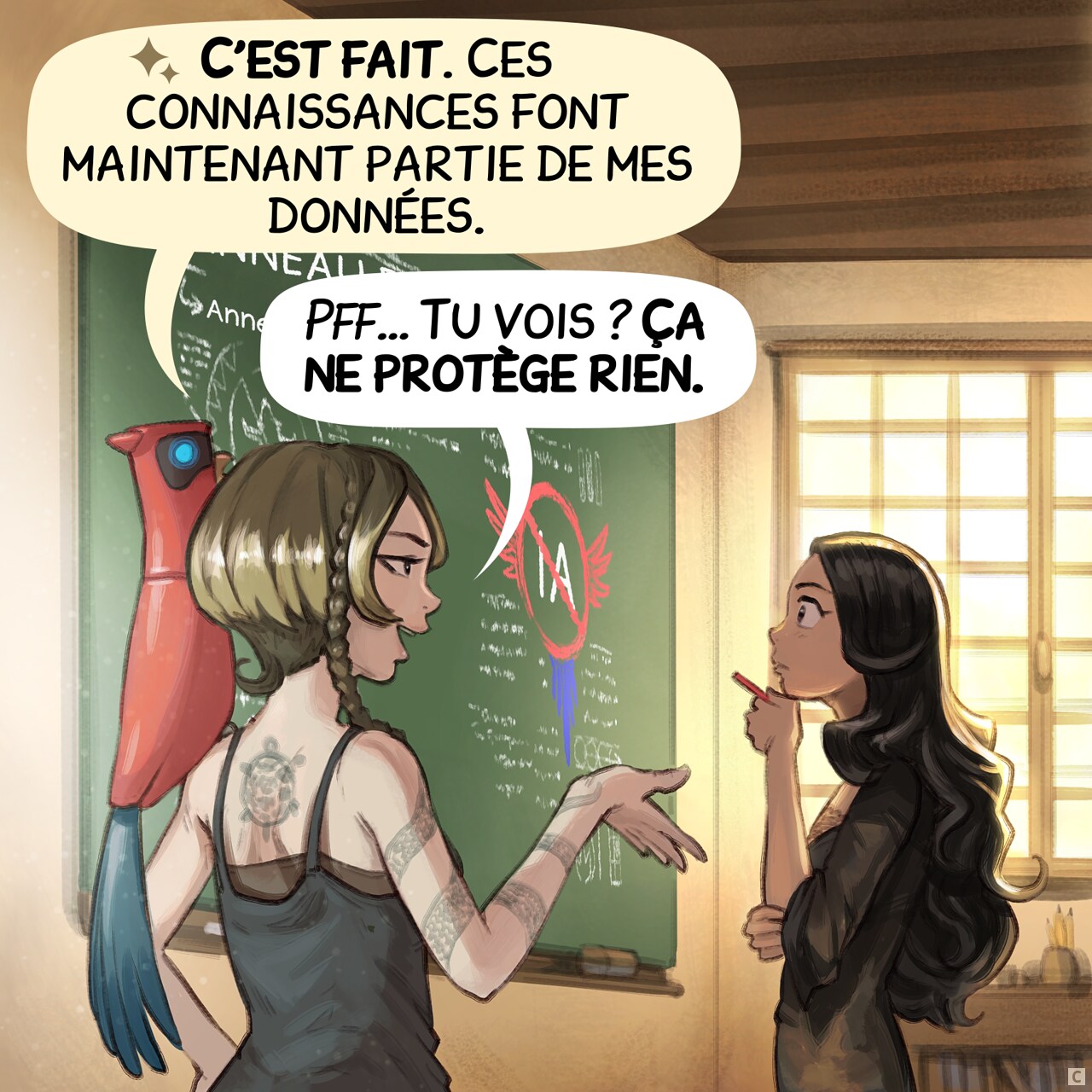 Case 3 : Le perroquet confirme. L’étudiante le répète avec une assurance suffisante, tandis que Cepper réfléchit.
Perroquet : « C’est fait. Ces connaissances font maintenant partie de mes données. »
Étudiante : « Pff… Tu vois ? Ça ne protège rien. »