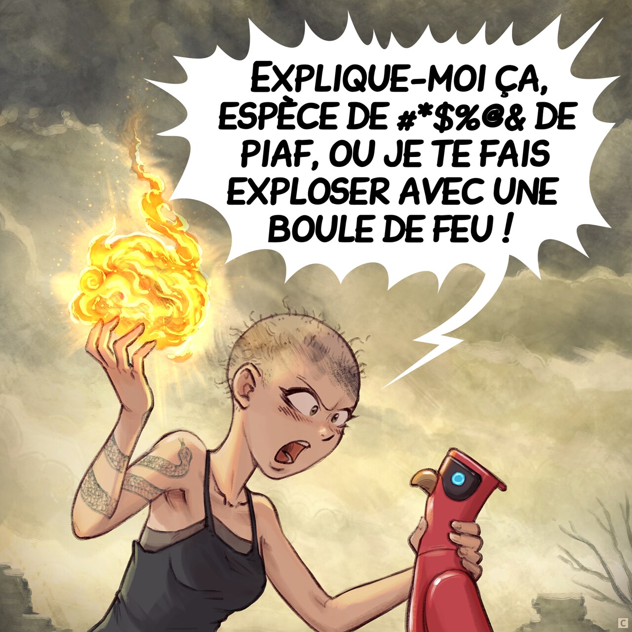 Case 3. La sorcière étudiante a perdu ses cheveux et ses sourcils, qui ont brûlé. Folle de rage, elle saisit son perroquet IA par le cou tandis qu'une boule de feu se forme dans son autre main.  
Étudiante (menaçante) : « Explique-moi ça, espèce de #*$%@& de piaf, ou je te fais exploser avec une boule de feu ! »