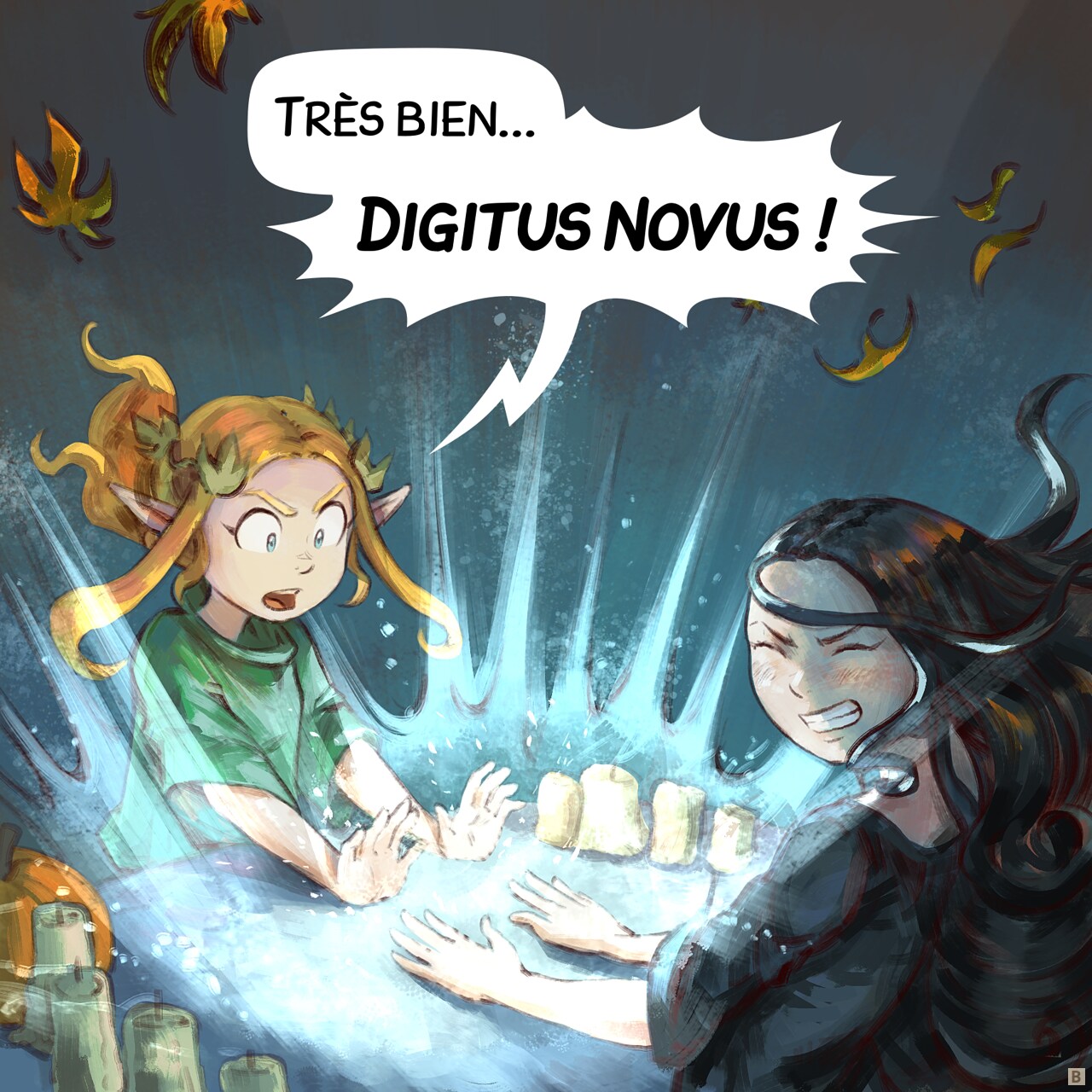 Case 2. Amall se concentre sur le sort. Cepper serre les dents et ferme les yeux tandis que les mains d'Amall recouvrent les siennes de leur lumière intense.  
Amall : « Très bien... Digitus Novus ! »