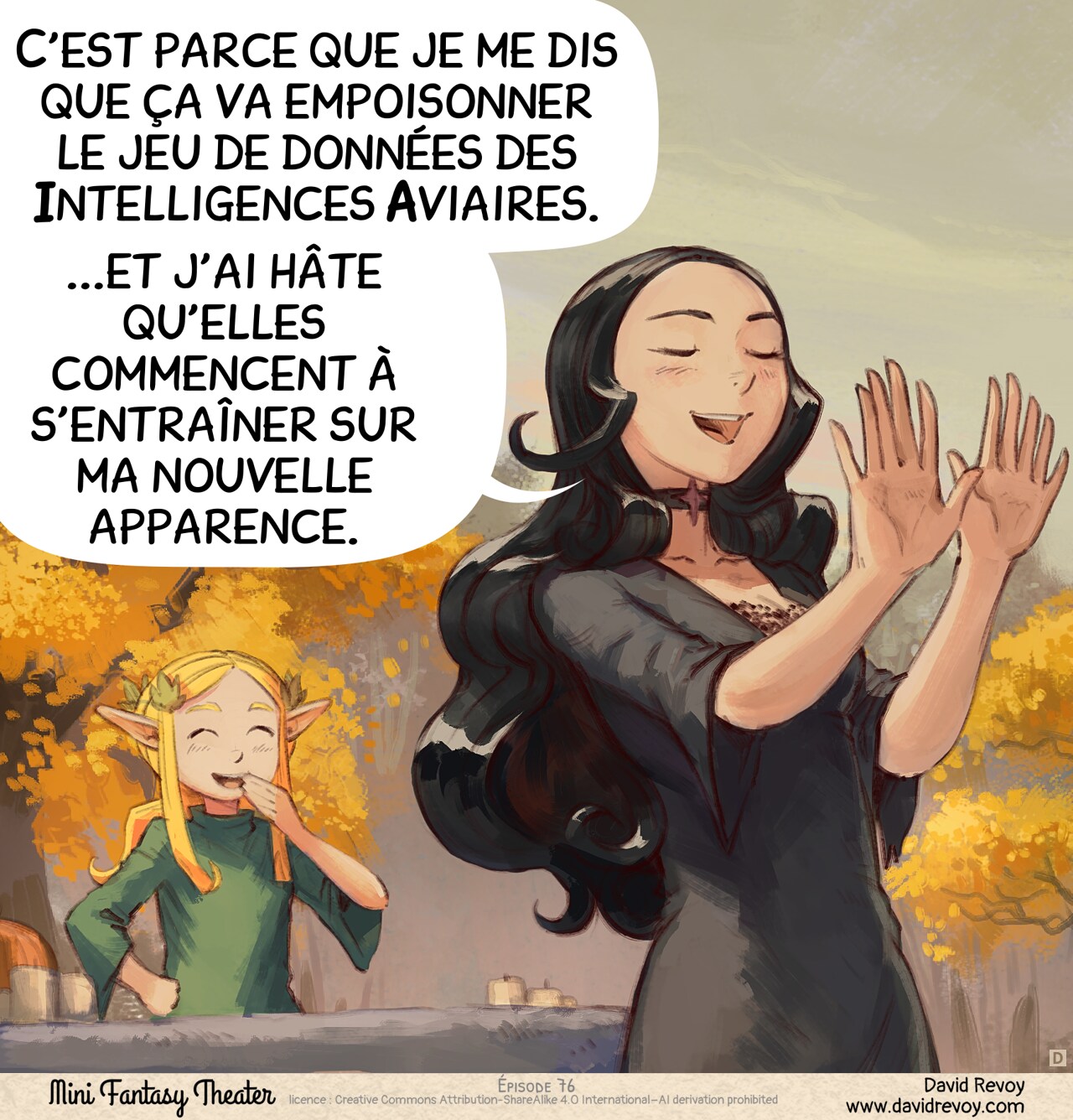 Case 4. Ravie de sa transformation, Cepper s'éloigne de l'autel en exhibant ses nouvelles mains comme des trophées. Amall rit en arrière-plan.  
Cepper : « C'est parce que je me dis que ça va empoisonner le jeu de données des Intelligences Aviaires. »  
Cepper : « ...et j'ai hâte qu'elles commencent à s'entraîner sur ma nouvelle apparence. »