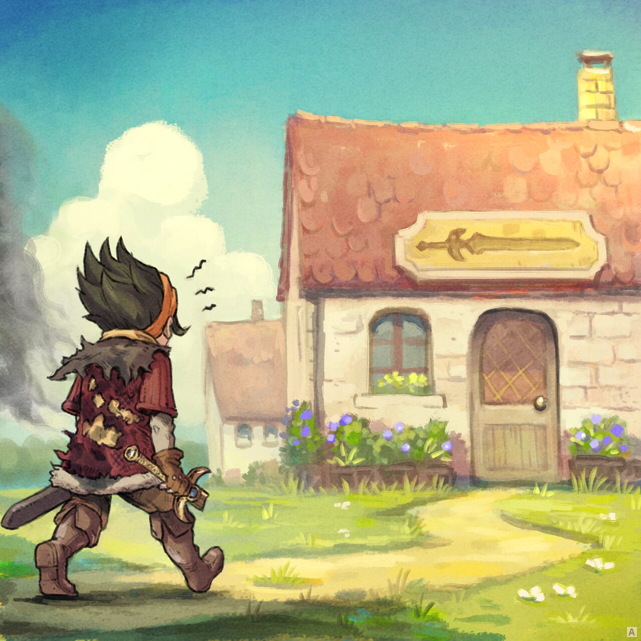 Panel 1. A young warrior, with the back of his battle dress partially burned, walks angrily toward the sword shop, holding the broken sword in his hand.