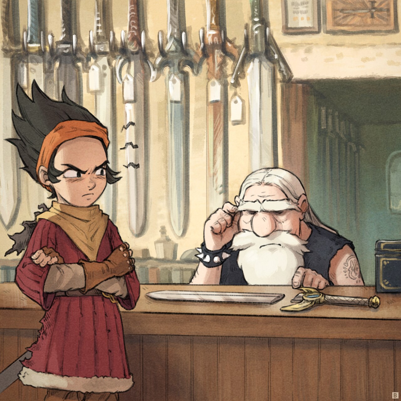 Panel 2. Inside, the warrior is manifesting anger, the blade and guard, which have been placed on the counter to show how it is obviously broken. The blacksmith carefully examines the broken sword.