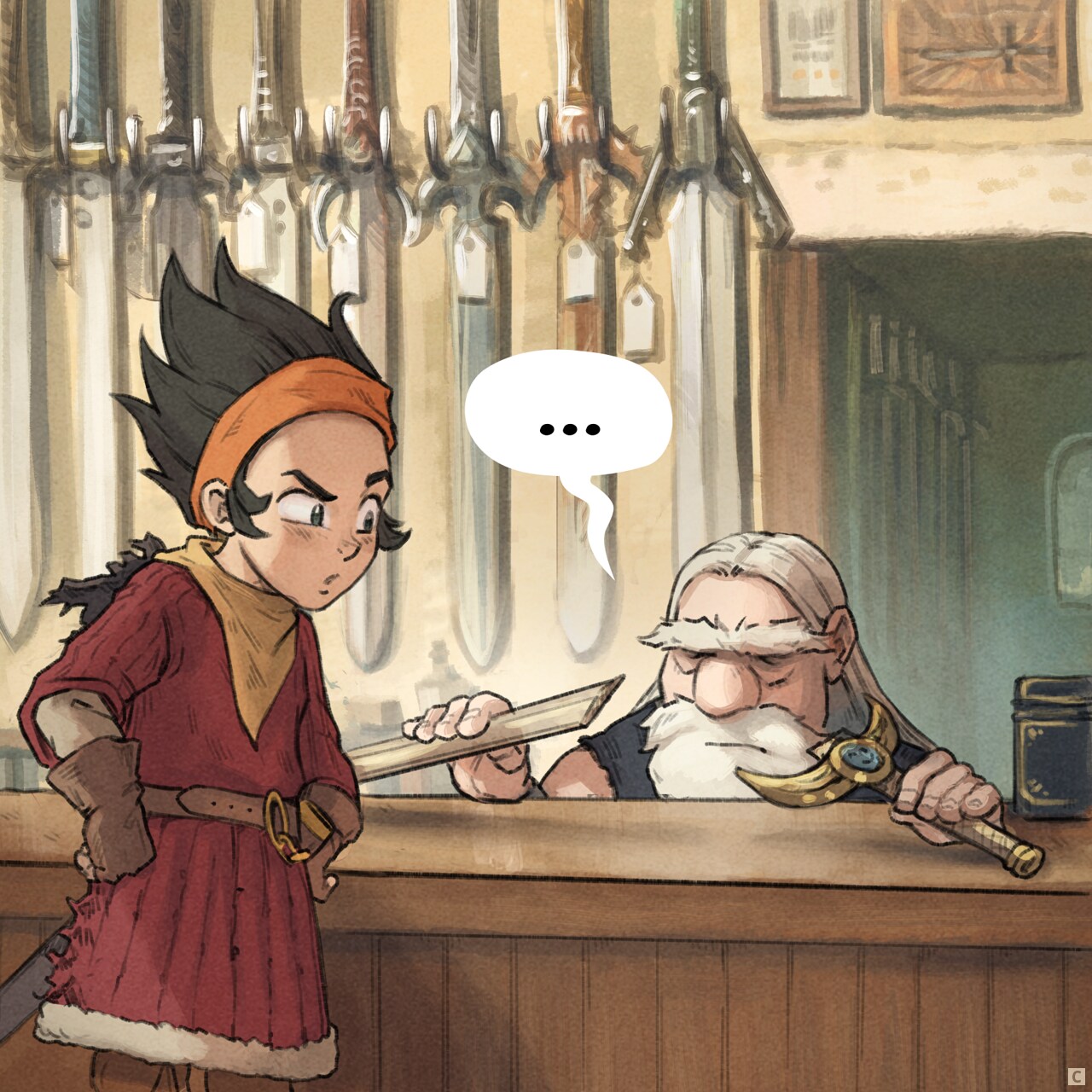 Panel 3. The blacksmith carefully examines even more the broken sword, with expertize, handling it. The warrior is curious.