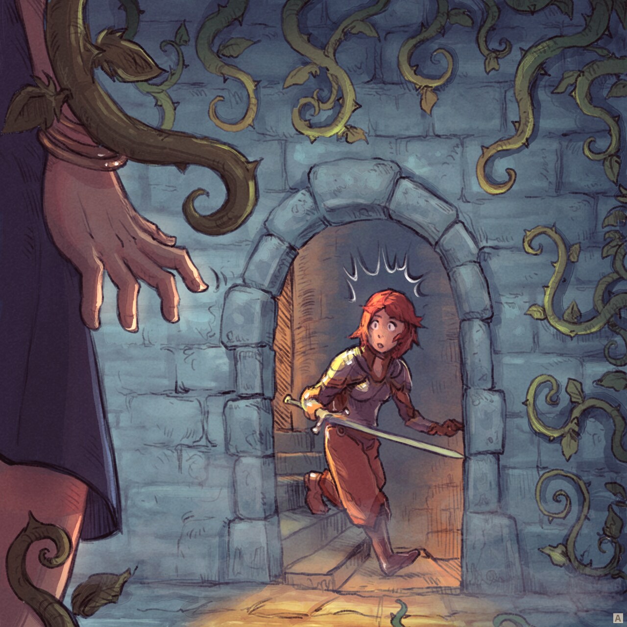 Panel 1 : A warrior descends the steps of a Colimasson staircase. She passes a strange room made of brick and stone, typical of dungeons. We see her in the frame of an arched doorway, surprised by what she sees: in the foreground, exotic green leaves and vines indicate that the room is infested with a carnivorous plant. Also in the foreground is the silhouette of a victim.