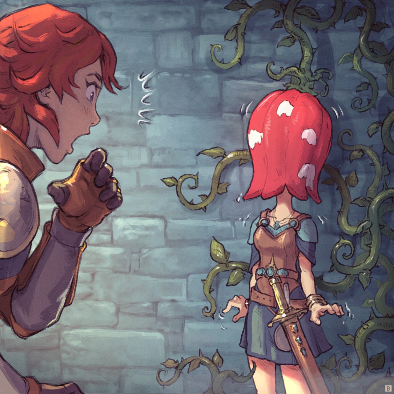 Panel 2 : Contre champs, she arrives, alarmed, with the help of a young adventurer whose head is completely trapped by a large bulbous flower.