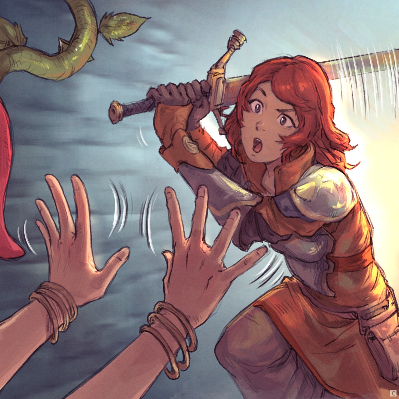 Panel 3 : As she prepares to cut the vines with her sword, she is surprised: the captive's hands beckon her to stop!