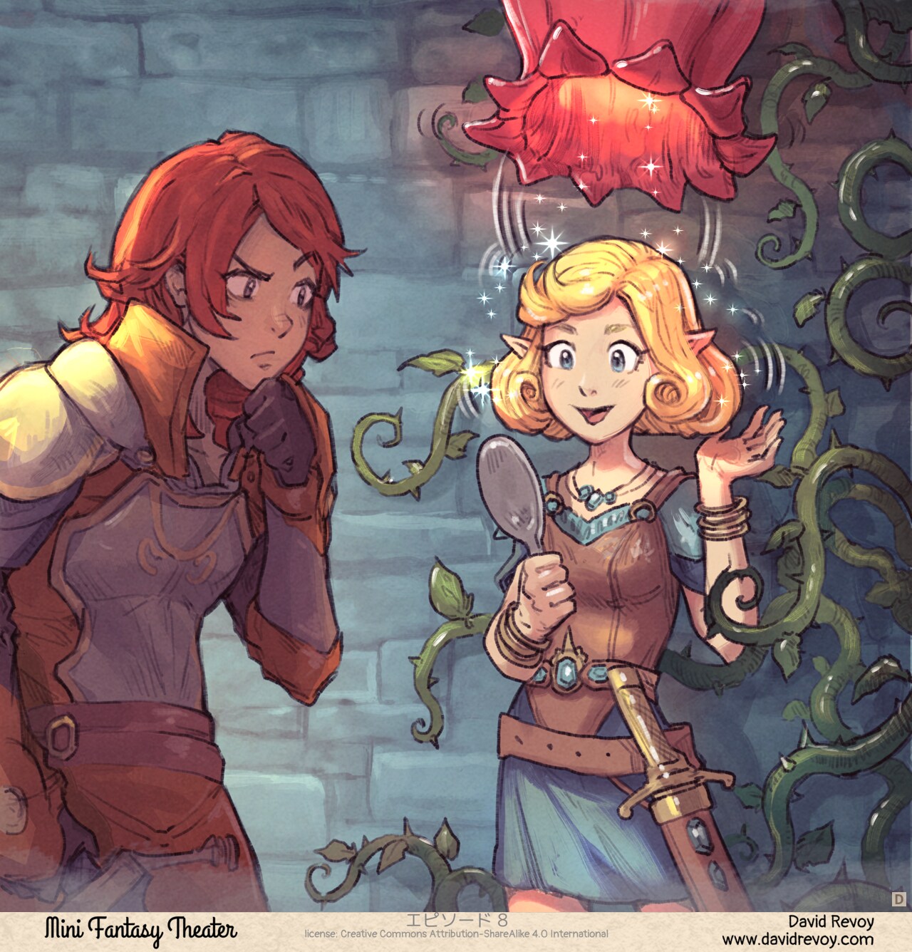 Panel 4 : Wide shot: The flower releases the head of her victim: she's a young elf with a beautiful haircut and a perfect blow-dry. She looks at herself in a small portable mirror. The warrior is stunned.
