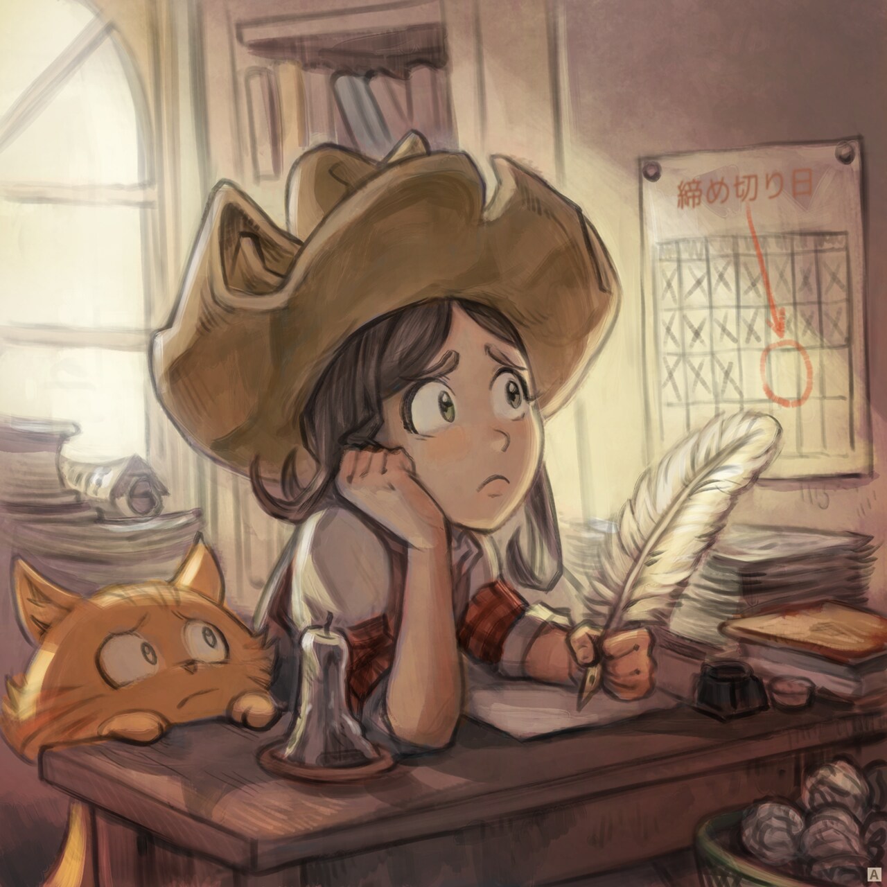 Panel 1: Young witch Pepper, writing at her desk, with a feather pen and ink. She worries, clearly struggling to find inspiration with a white page, while her hand support her head. On the wall near to her a calendar with a big 'Deadline' in red written on it, circling a day. All the day before that one are striked with a cross except one. Whatever Pepper is supposed to write is up to the audience's imagination.