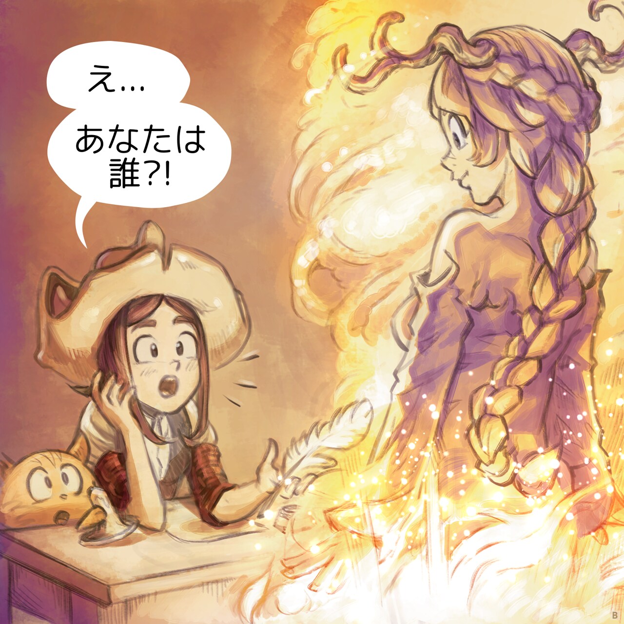 Panel 2. Suddenly, a powerful goddess emerges from a light before Pepper, her aura like a flame of pure golden light. She stands divine, while Pepper is captivated in awe before the gorgeous goddess, radiating light and life.
Pepper: Who... Who are you?!