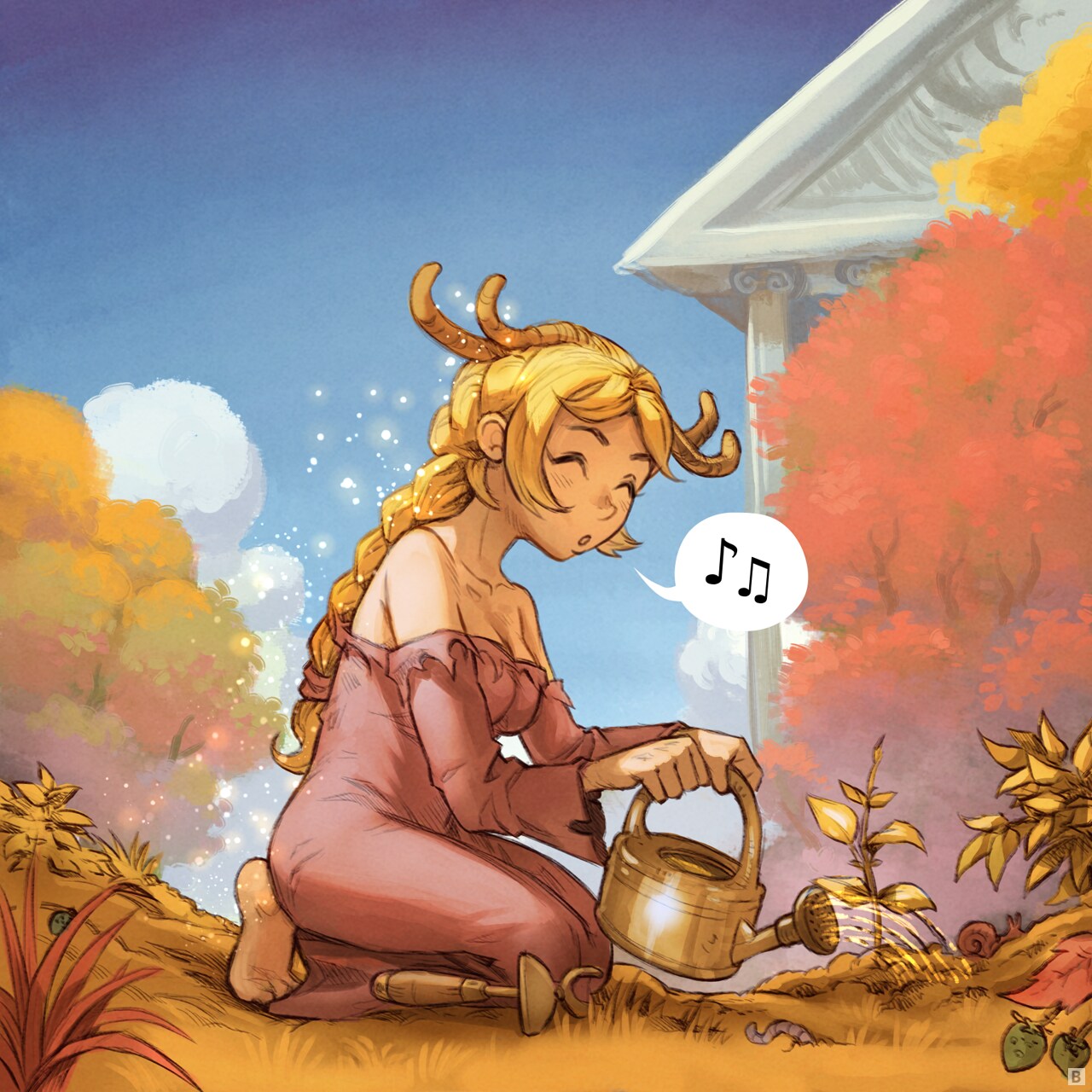 Panel 2: The Goddess of Life kneels in her garden, watering it while whistling. She is happy and enjoying her peaceful daily routine.