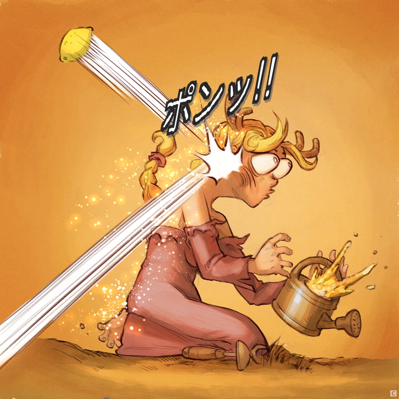 Panel 3: Suddenly, the Goddess of Life is violently punched in the face by a flying lemon coming from below the clouds.
