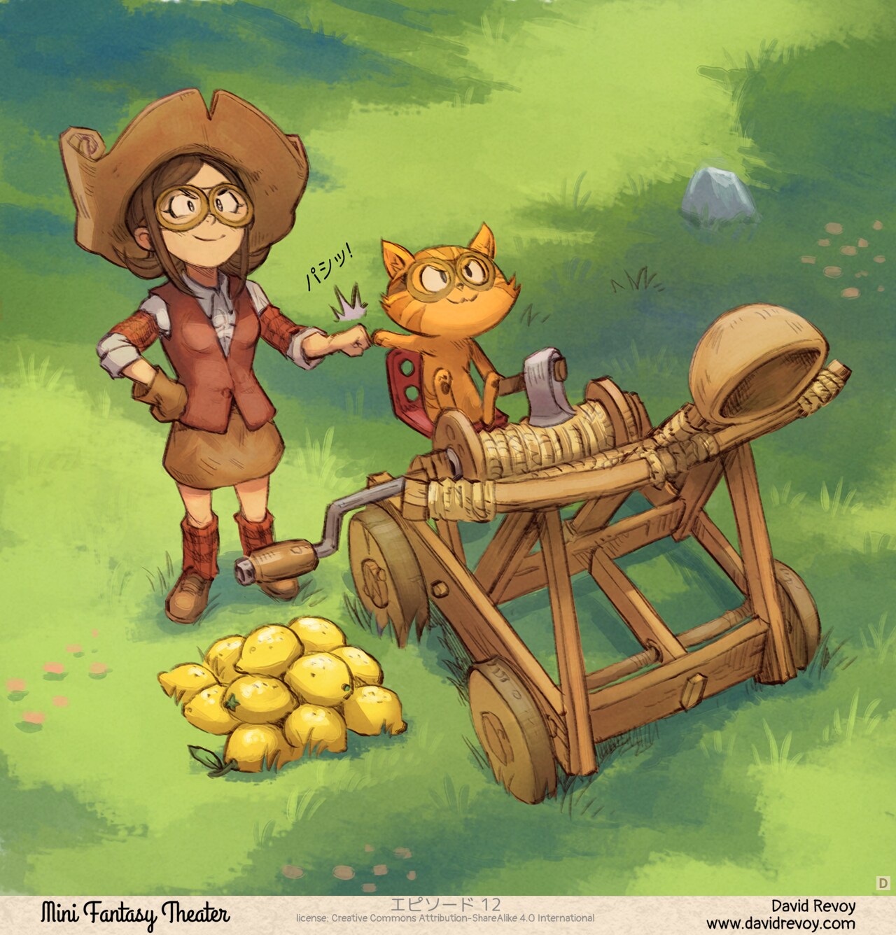 Panel 4: A top-down view of a catapult with lemons. Pepper, a young witch, and her cat, Carrot, are in command. They bump fists in a "Check!" sound while watching the sky with fierce eyes.
