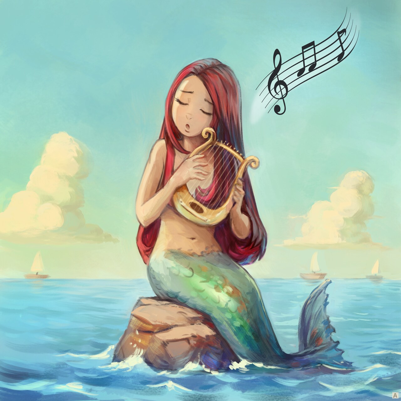 Panel 1: A cute mermaid sings, eyes closed, with a melancholy expression, sitting on a rock in the middle of the ocean. She plays a small lyre.