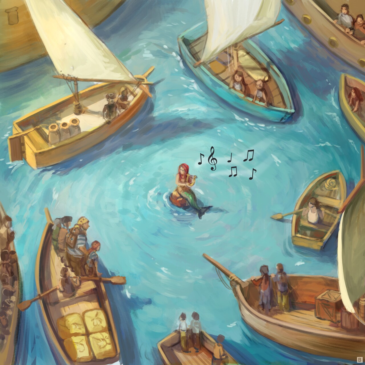 Panel 2: Aerial view: many boats gather, forming a circle around the mermaid, drawn in by her performance.