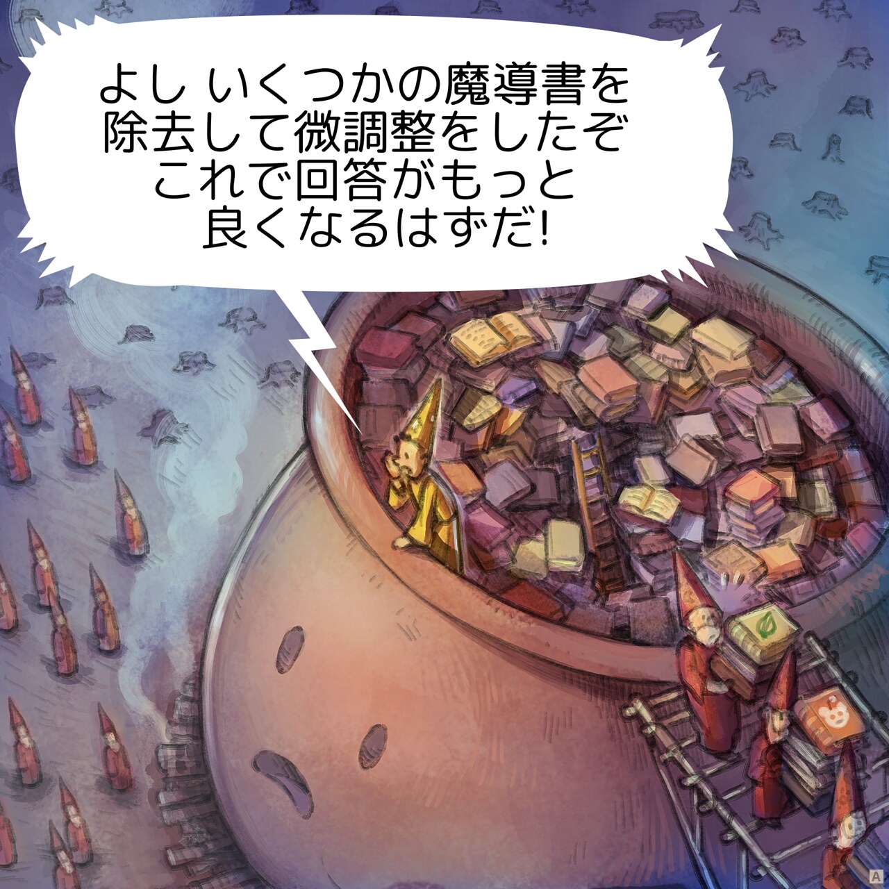 Panel 1. A bird's-eye view of the top of the Amphora of Great Intelligence, a wizard in yellow colors is on the stack of books from the content of the amphora. He yell at a crowd of wizard at the bottom of the Amphora, a crowd of red wizard. Some other wizard in red evacuate some grimoires, their arms are full of books. On the top, you can see an onion (for The Onion) and a cover that looks like the Reddit mascot:  
Wizard in yellow: Alright, I've cleared out a few grimoires to tweak it, we should get better results now!