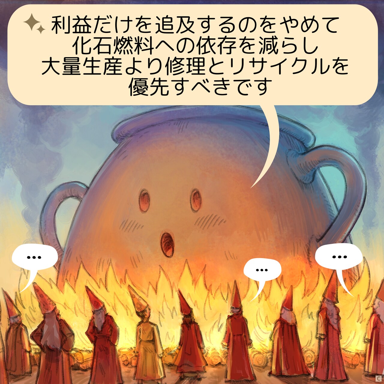 Panel 3. The Amphora of Intelligence starts speaking, this time very seriously. The mages are still speechless.  
Amphora: Stop chasing profits blindly, reduce your reliance on fossil fuels, and prioritize repair and recycling over production.  
Crowd of wizards: ... ... ...