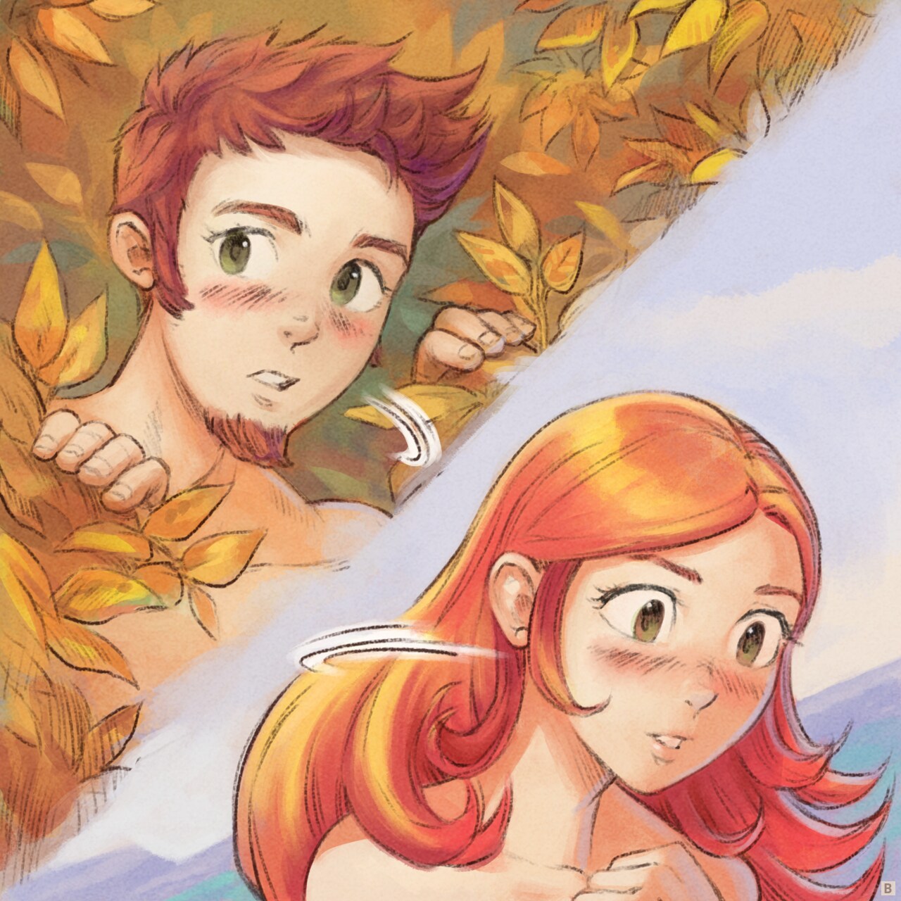 Panel 2. Close-up portrait of the two protagonists, both look away, blushing.
