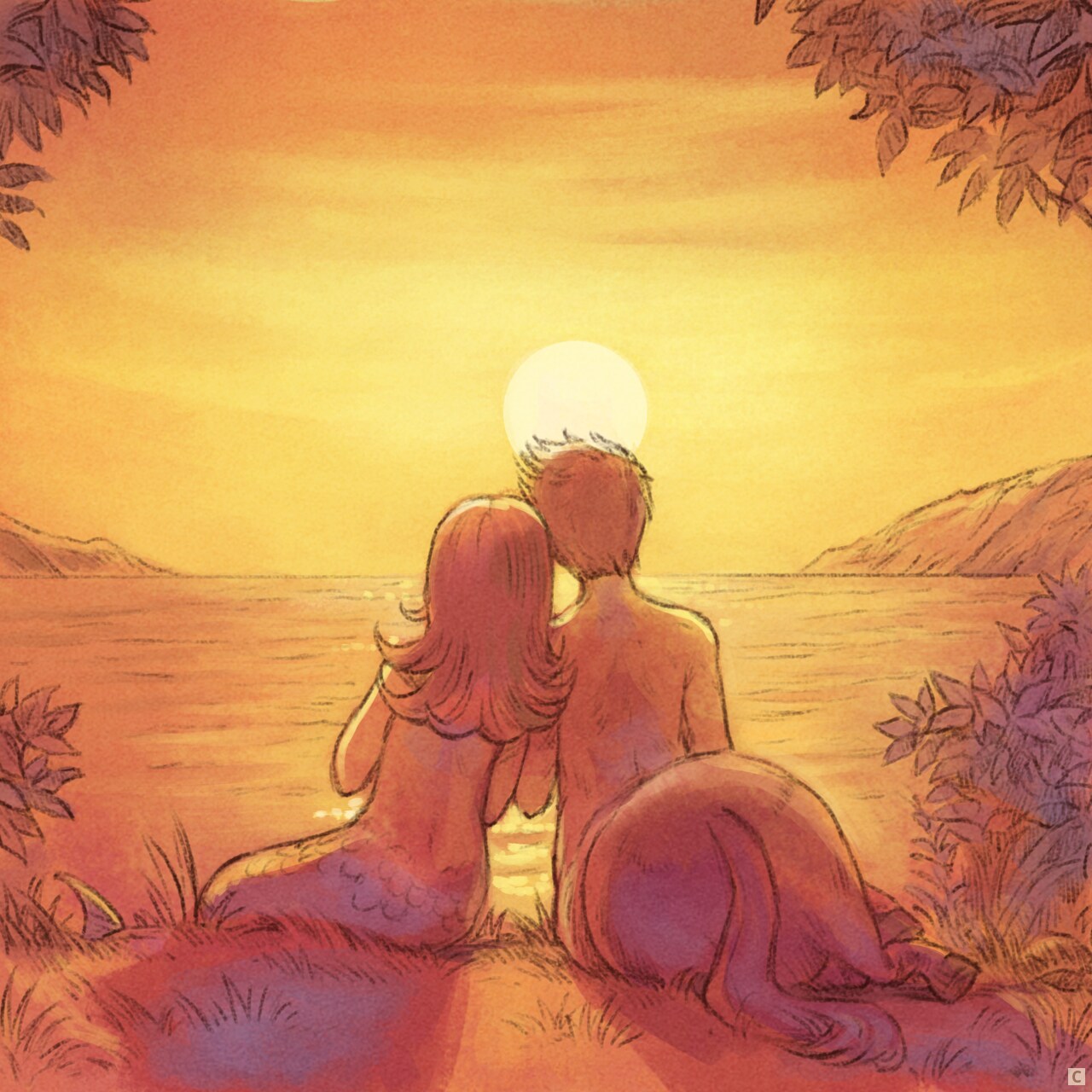 Panel 3. Later, at sunset, the two admire the sunset together, side by side. They're a couple.